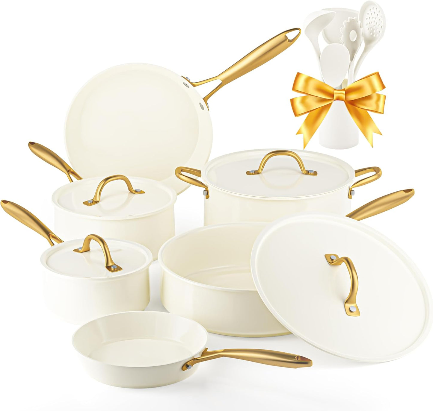 Pots and Pans Set Non Stick - VONIKI Ceramic Cookware Set with Cooking Utensils Set, Non Toxic Kitchen Cookware Sets Dutch Oven Pot with Lid Saucepan Set Sauté Pan Frying Pan Set for Cooking Gifts