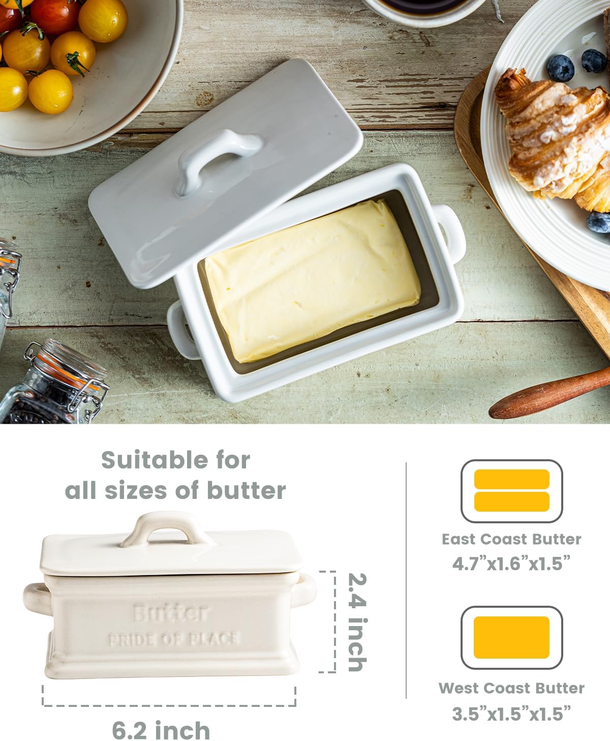 Butter Dish with Lid, Ceramic Butter Dish for Countertop Butter Holder Container Large Butter Keeper for East West Coast Butter, White
