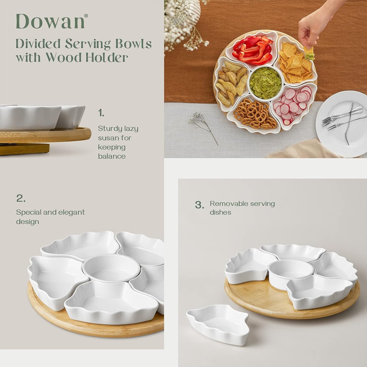DOWAN 360° Rotatable Serving Tray and Platters, 12 Inch Divided Serving Bowls for Party, Kitchen Decor, Removable Serving Dishes for Chips and Dip, Fruit, Veggies, Candy and Snacks, 7 Pieces, White