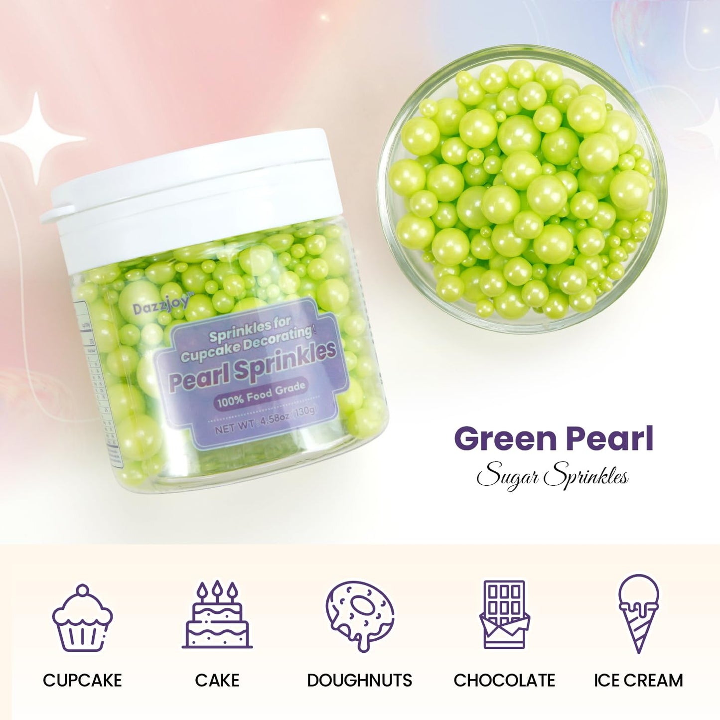 Dazzjoy Edible Green Pearl Sprinkles, Mix Size, 130g/4.58oz, Cupcake Toppers, Cake Decorations, Ice Cream, Easter, Wedding Party Valentines Easter Supplies