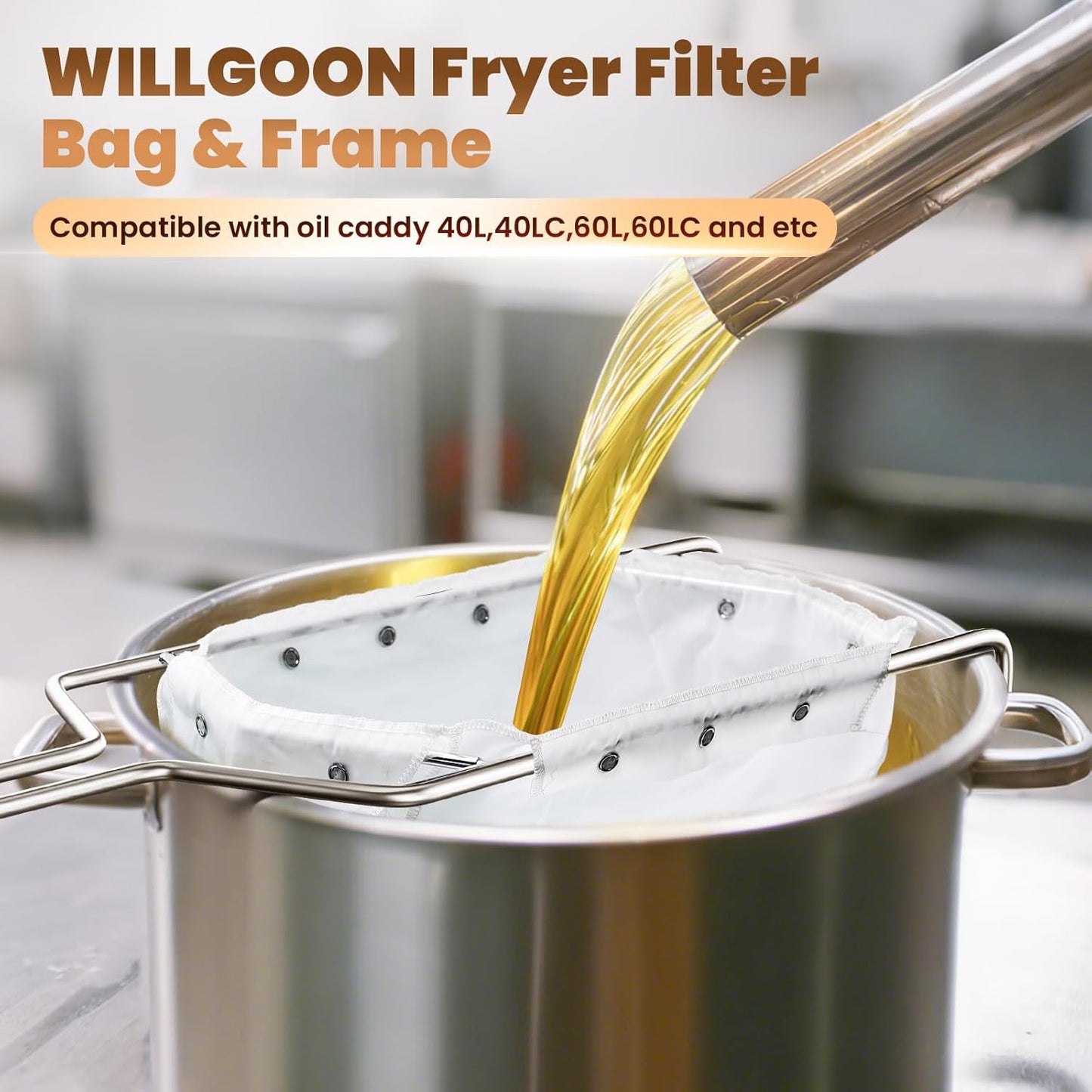 Fryer Filter Bag & Frame Set, Reusable Oil Strainer for 70 lb Cooking Oil, Fine Mesh to Capture Crumbs, Durable for Home & Commercial Use, with 1 Professional Food Thermometer