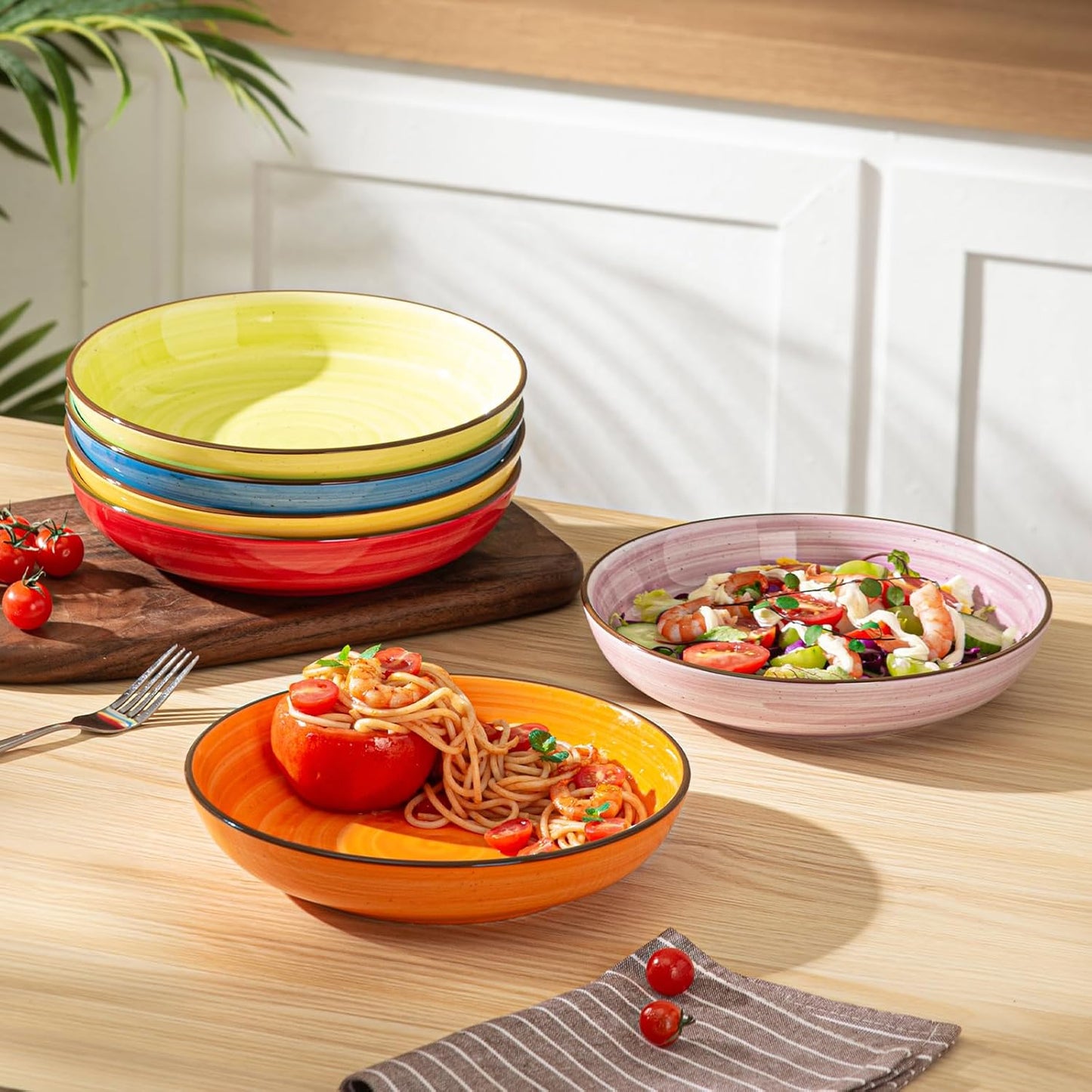 Y YHY Pasta Bowls Set of 6, 30 oz Ceramic Shallow Bowls, Serving Bowls Pasta Plates and Salad Bowls, Microwave & Dishwasher Safe Soup Bowls, Assorted Colors Christmas Day Gift