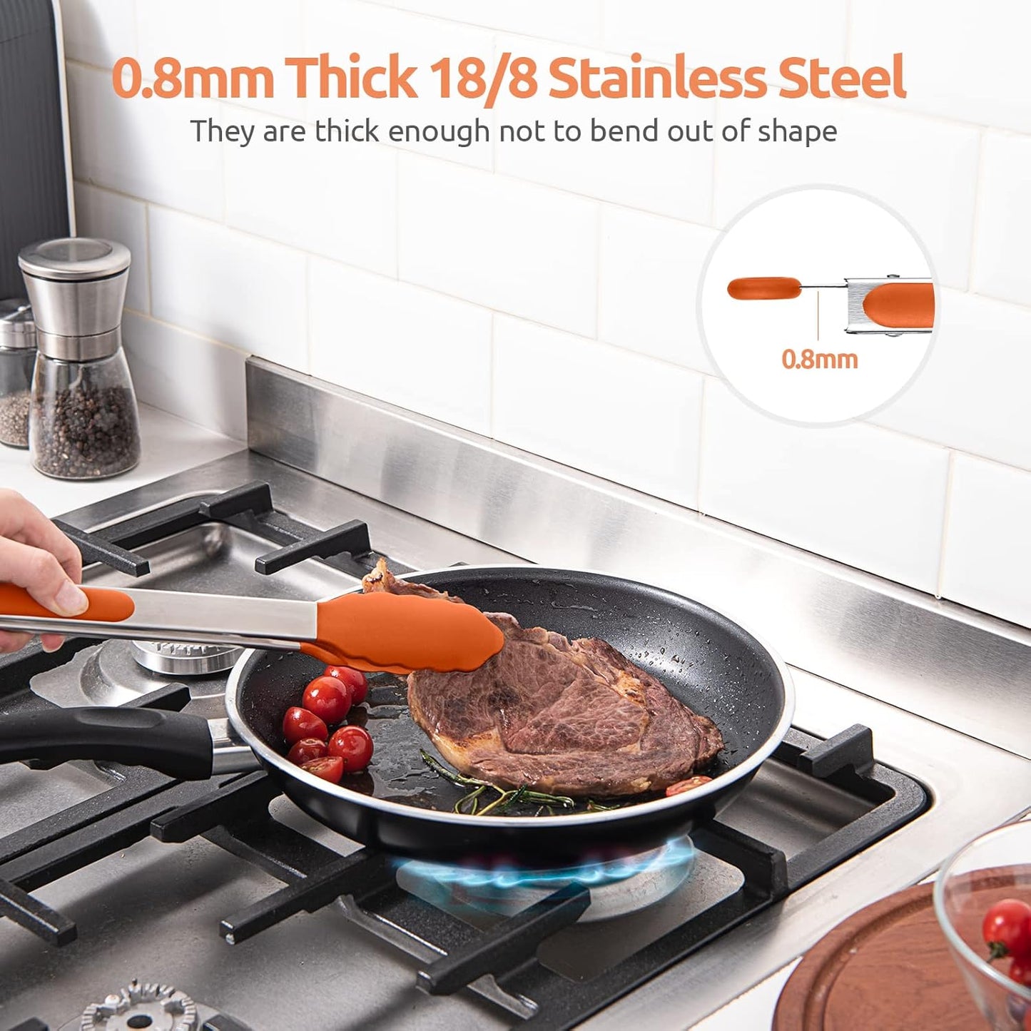 600ºF Heat Resistant Kitchen Tongs: U-Taste 12 inch Large Silicone Cooking Tong with Sturdy Non Stick Rubber Tips & Silicon Coated 18/8 Stainless Steel Handle & Smooth Locking for Serving Grill-Orange