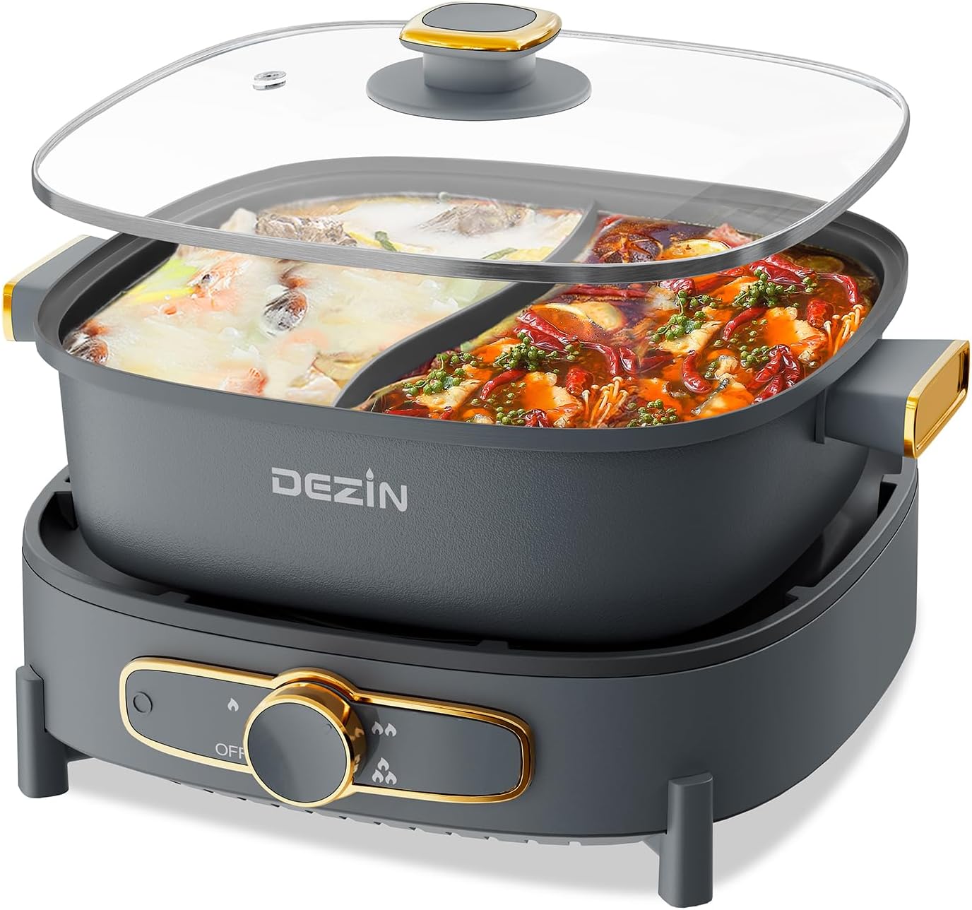 Dezin Hot Pot Electric with Divider, 5.5L Double-Flavor Electric Shabu Shabu Pot, Removable Non-Stick Dual Sided Electric Cooker, 3" Depth Divided Pot with Multi-Power Control, 2 Silicone Ladles
