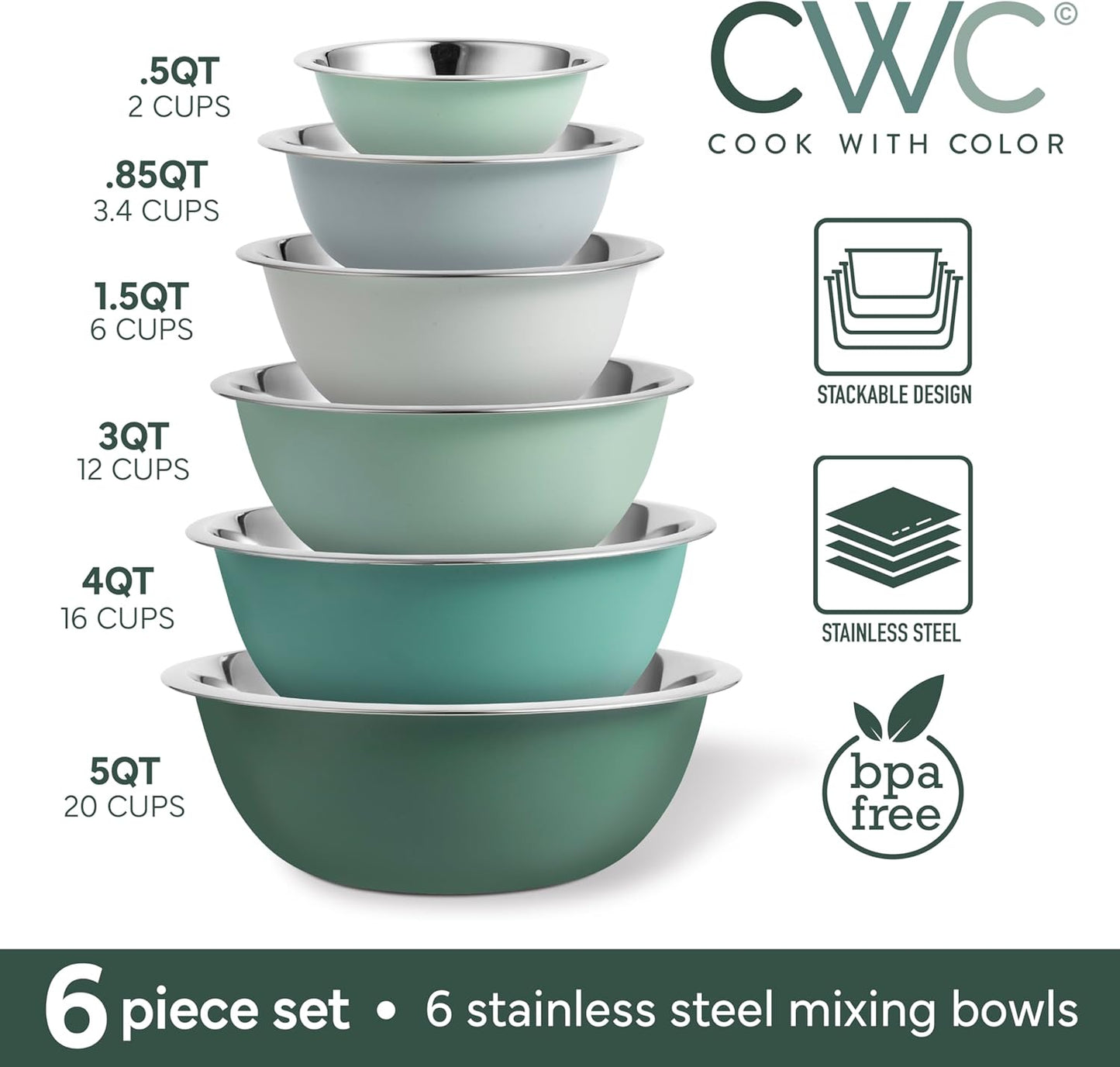 COOK WITH COLOR Stainless Steel Mixing Bowls Set - Nesting Bowls, 6 Pieces, Green