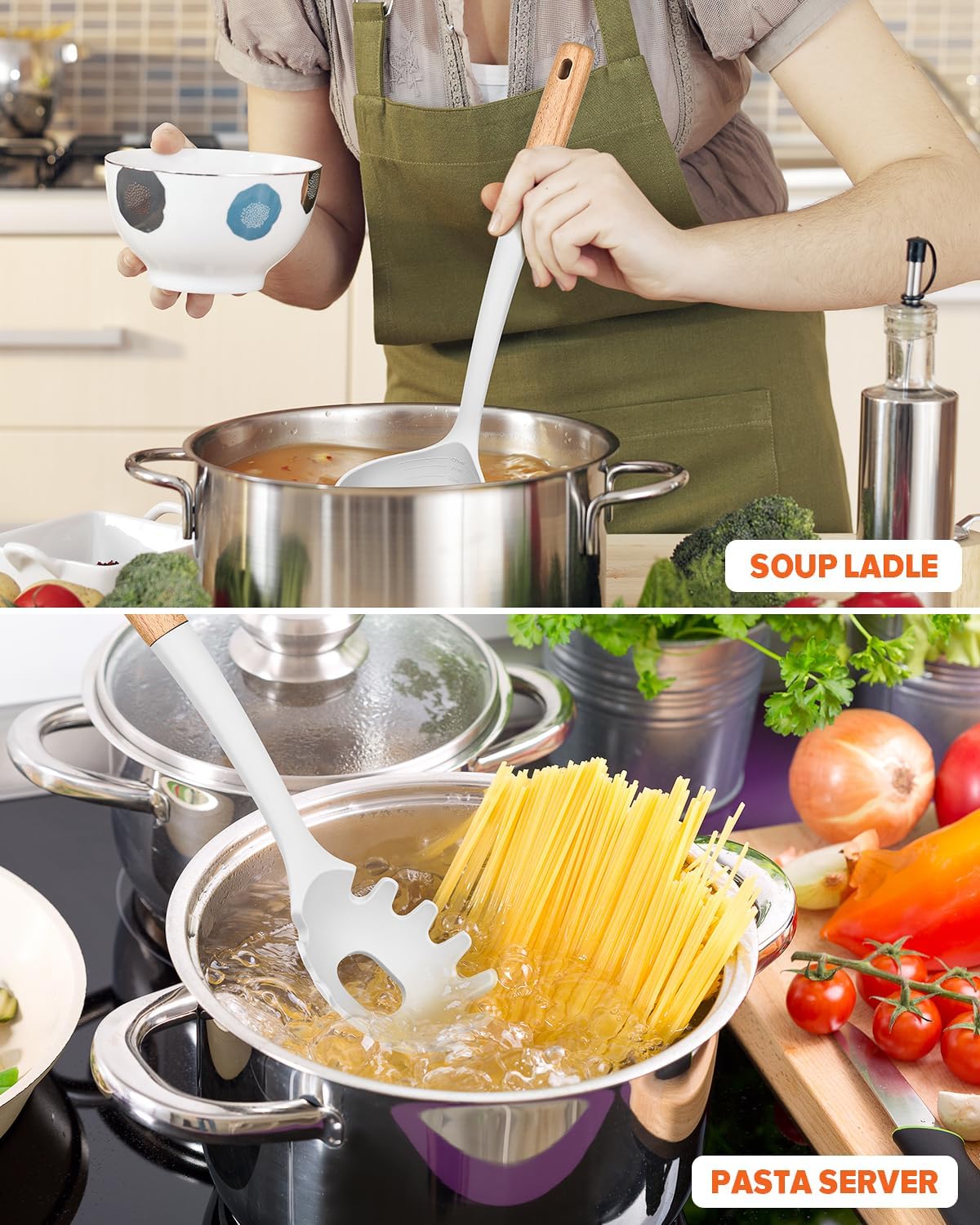 Pasta Fork and Ladle Set, Perfect for Serving Hot Soup, Stirring, and Sauce Pasta, BPA-Free Matte Silicone, Wood Handle Spaghetti Spoon for Nonstick Cooking Surfaces (White)