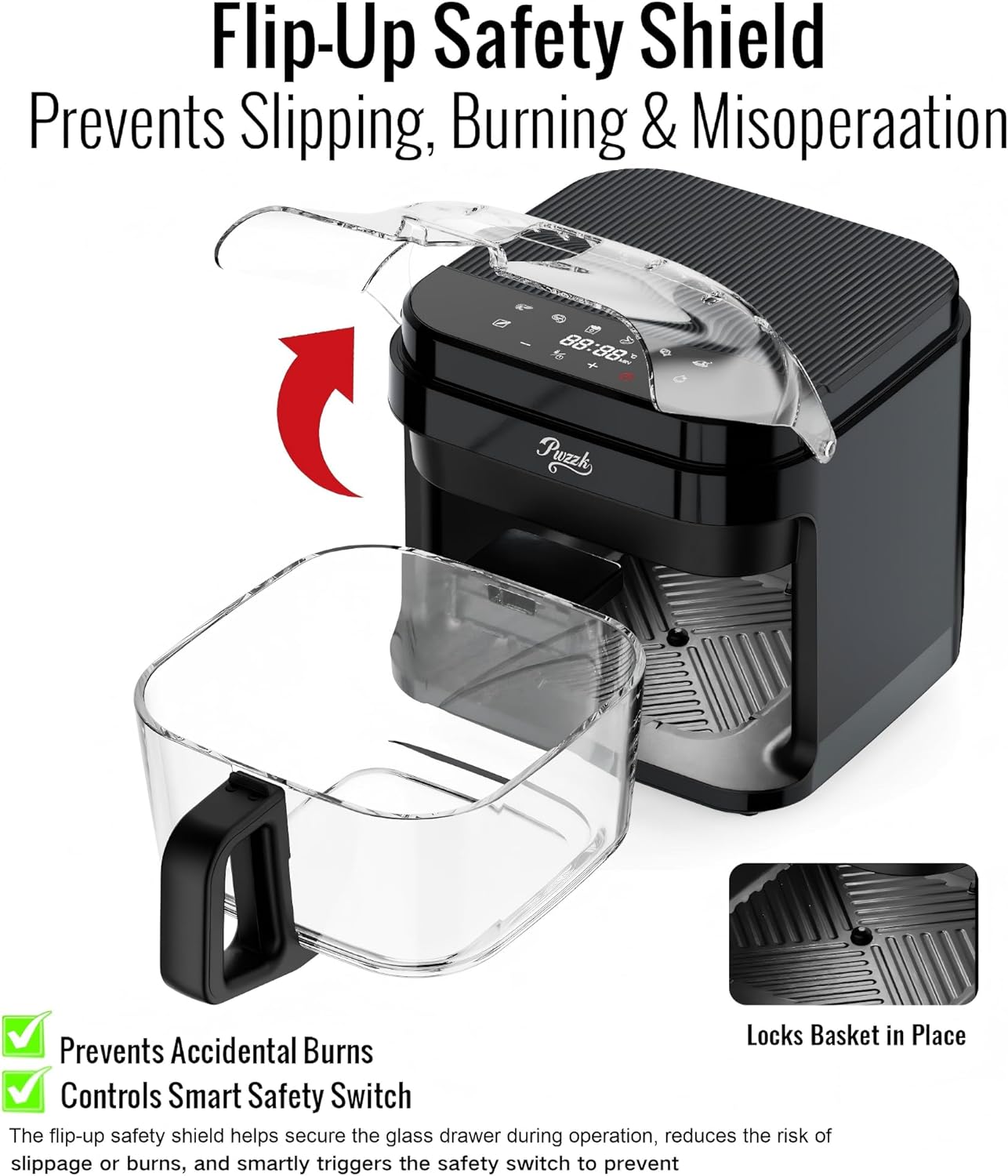 5.8QT Glass Air Fryer, Borosilicate Glass Basket, Non-Toxic BPA & Teflon Free, 8 Presets, Infrared Heating, Flip-Up Safety Shield, Oil-Free Cooking, Easy Clean for Small Homes