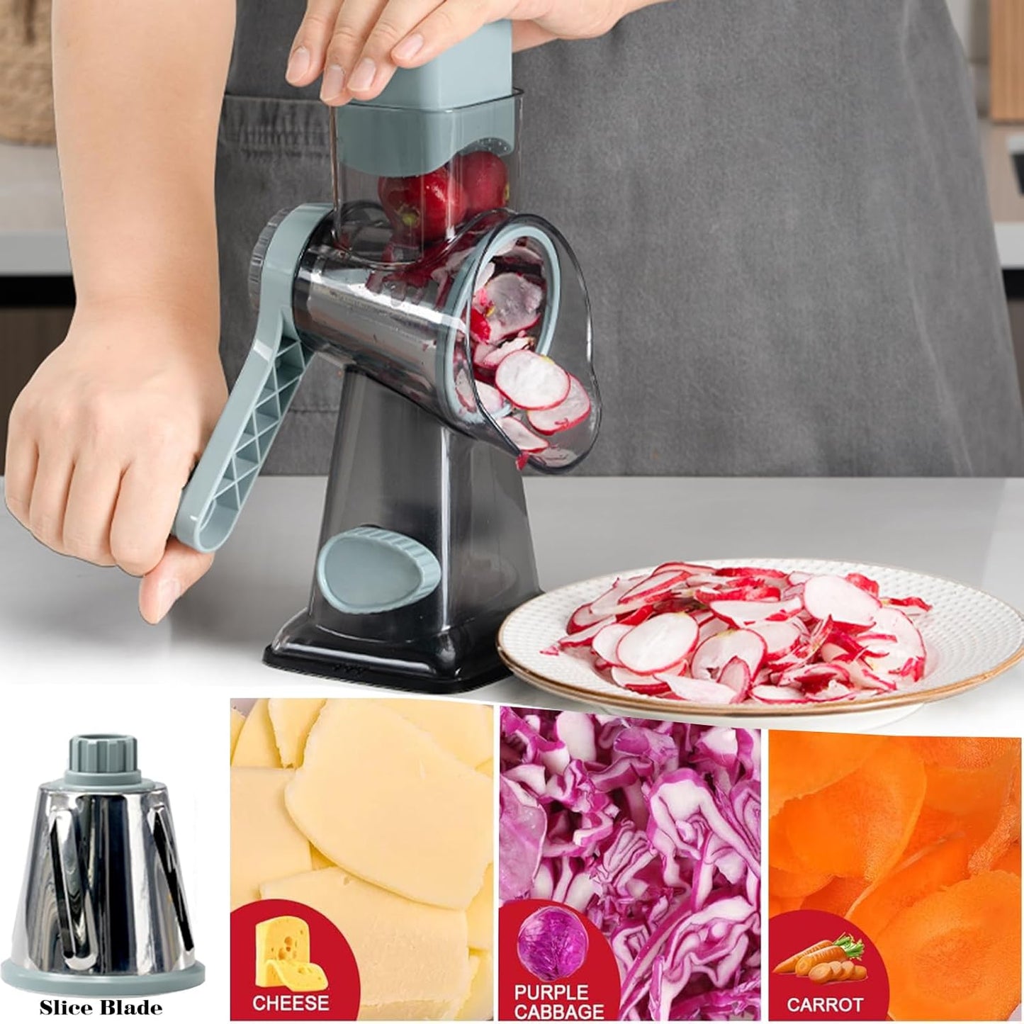 Rotary Cheese Grater Multi-Purpose Stainless Steel Cheese Shredder - Cheese Grater With Handle Effortless Grating of Carrots, Potatoes, Vegetables, and Fruits (blue)