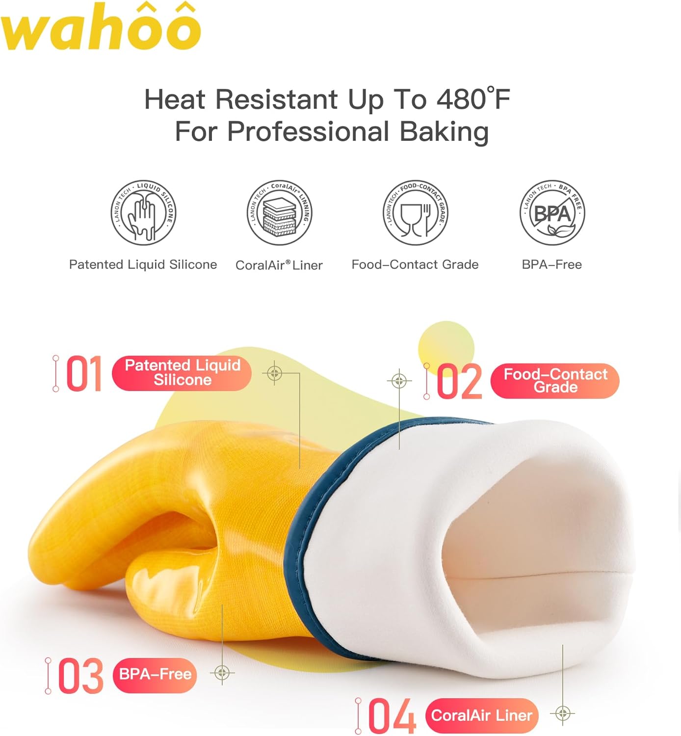 wahoo Professional Liquid Silicone Oven Mitts Gloves, Heat Resistant Gloves for Cooking, Baking, CoralAir Liner, 12 Inch, Yellow, XXL