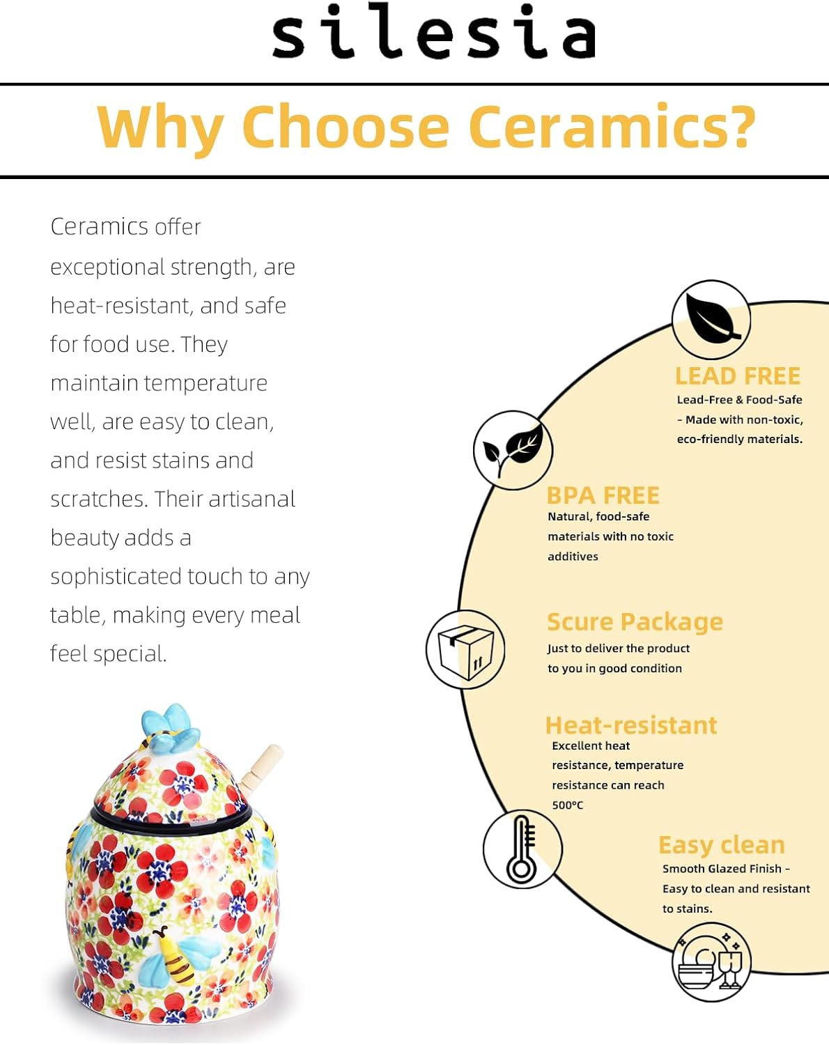 Silesia Handmade Honey Jar with Lid, 10 Ounce Ceramic Hand-Painted Honey Containers with Wooden Dipper, Honey Pot Set for Home and Kitchen in Gift Box, Oven, Dishwasher & Microwave Safe, Jungle Floral