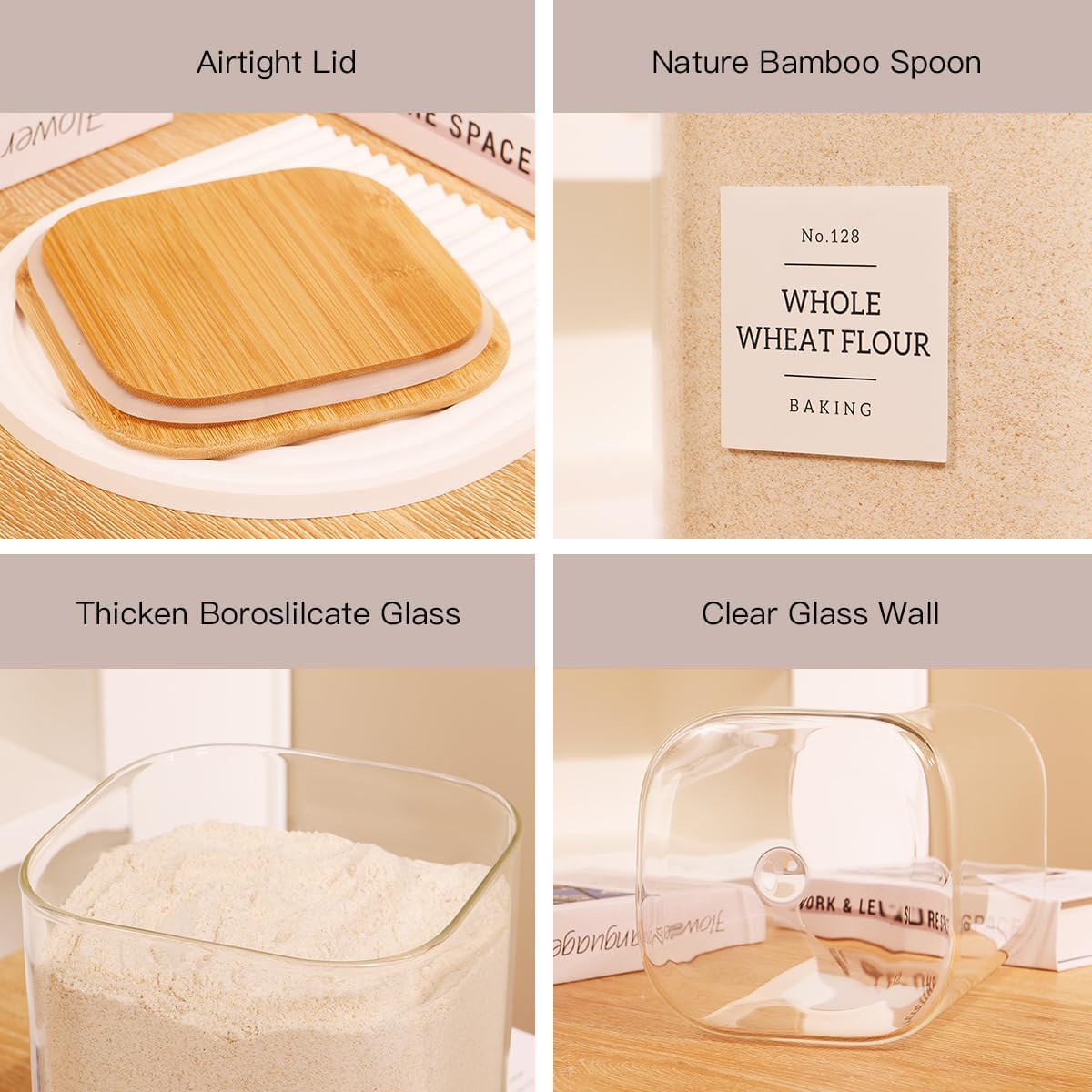2 Pack large Square Glass Flour and Sugar Containers with 132 Kitchen Pantry Labels - Thicken 149 floz Glass Storage Jars with Airtight Bamboo Lid - Big Rice Canisters for Coffee, Pasta, Cereal