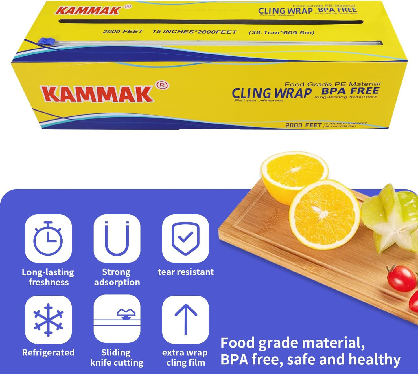 KAMMAK Plastic Wrap Food Cling Wrap with Slide Cutter 15 inch Restaurant Cling Film 2000 Ft Bulk Roll Refillable Food Service Cling Wrap Dispenser Quick Cut Anti-Fog Cling Film for Kitchen