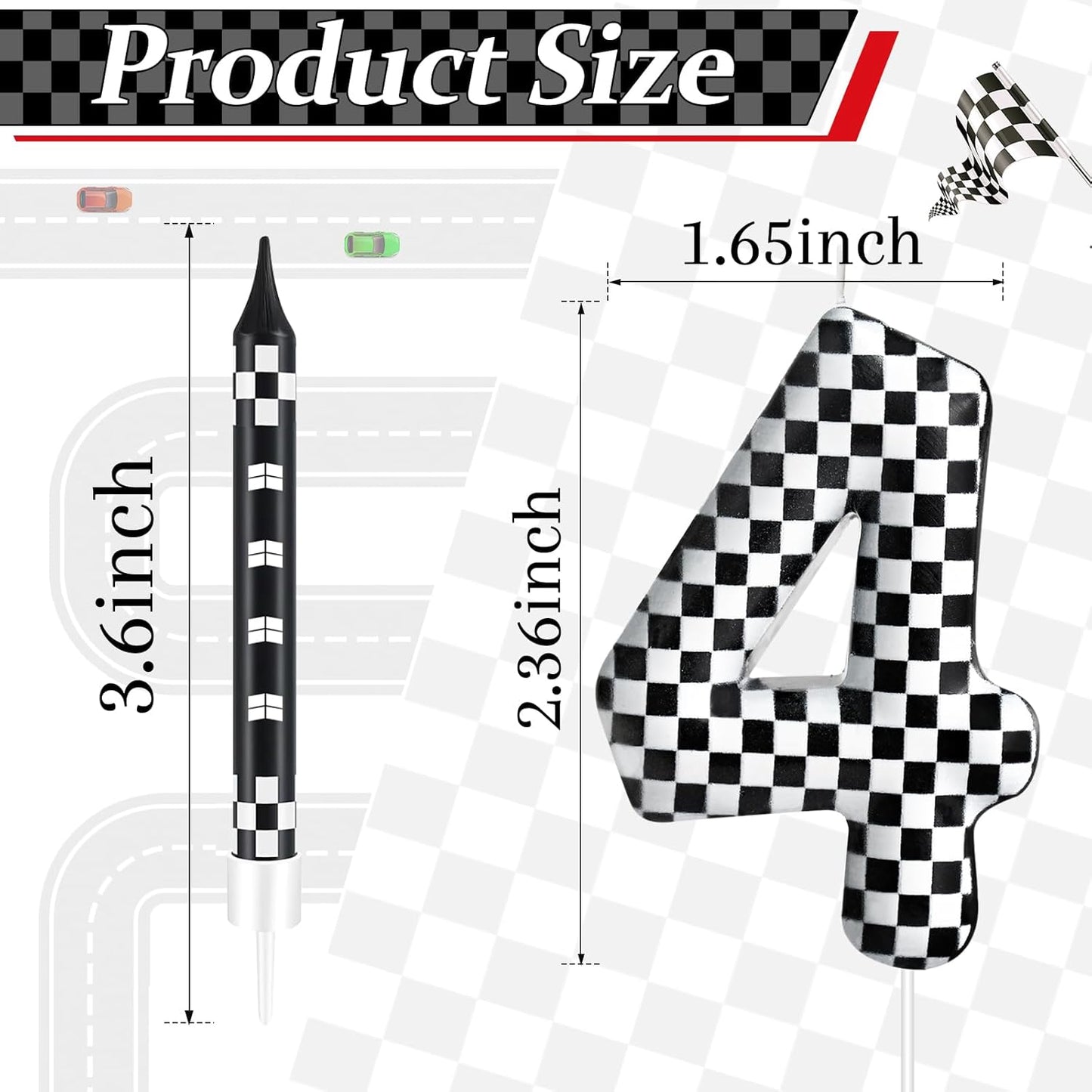 13 Pcs Racing Cars Themed Birthday Candles Black and White Race Number 4 Checkered Candle Cake Topper for Racing Car Party Decoration Supplies (Number 4)