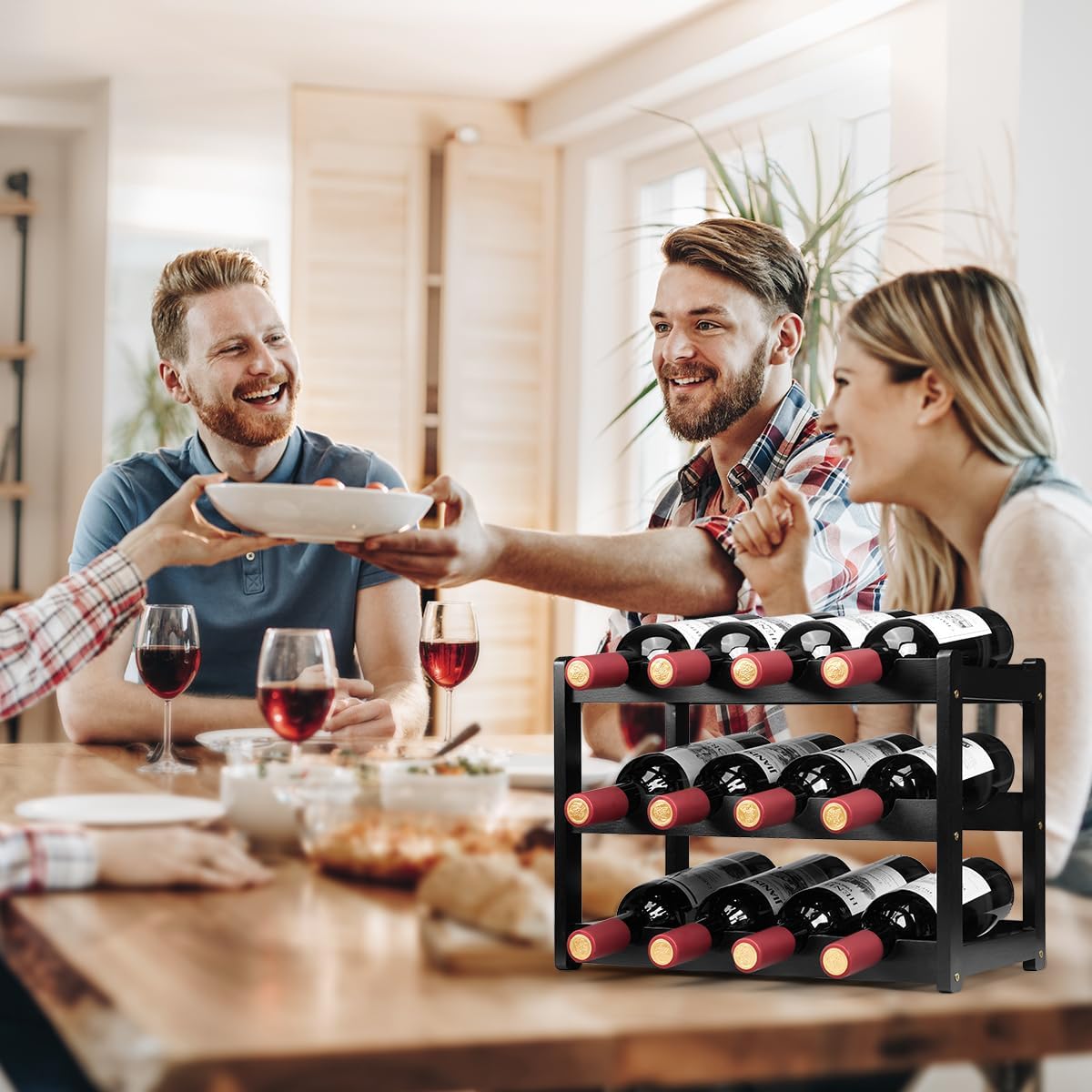 Bamboo Wine Rack, Sturdy and Durable Wine Storage Cabinet Shelf, Wine Racks Countertop for Pantry - 3 Tiers 12 Bottle Wine Rack, Black
