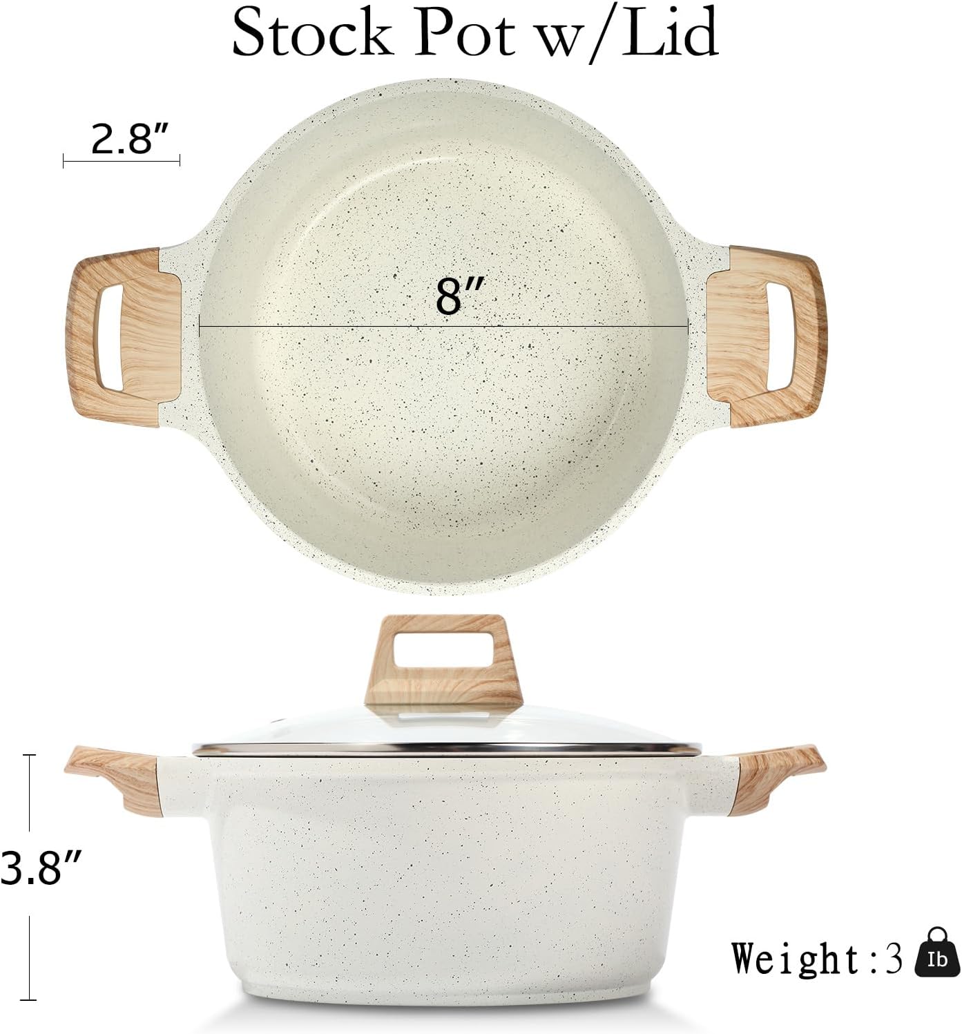 ESLITE LIFE Nonstick Stock Pot with Lid, 3 Quart Granite Casserole Small Soup Pot Pasta Cooking Pot, Induction Compatible, PTFE & PFOA Free, White