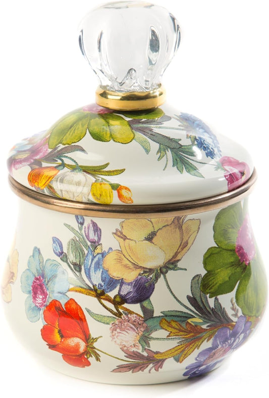 MACKENZIE-CHILDS Enamel Lidded Sugar Bowl, Small Serving Bowl with Lid, 10-Ounce Capacity, White Flower Market