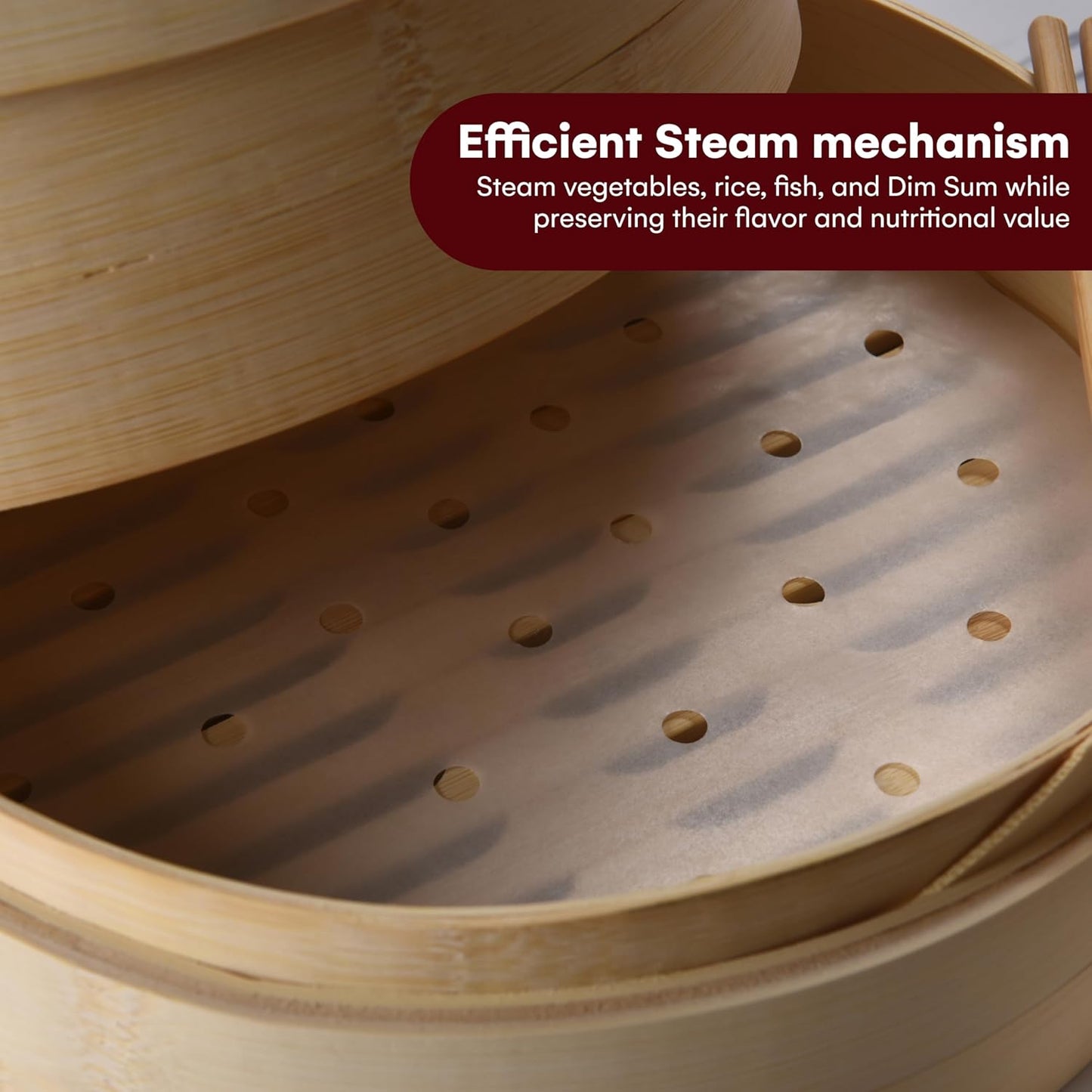 Vdomus Bamboo Steamer Basket - 10 inch Dumpling & Bun Steamer with Chopsticks - Natural Wood, Brown, Round Shape