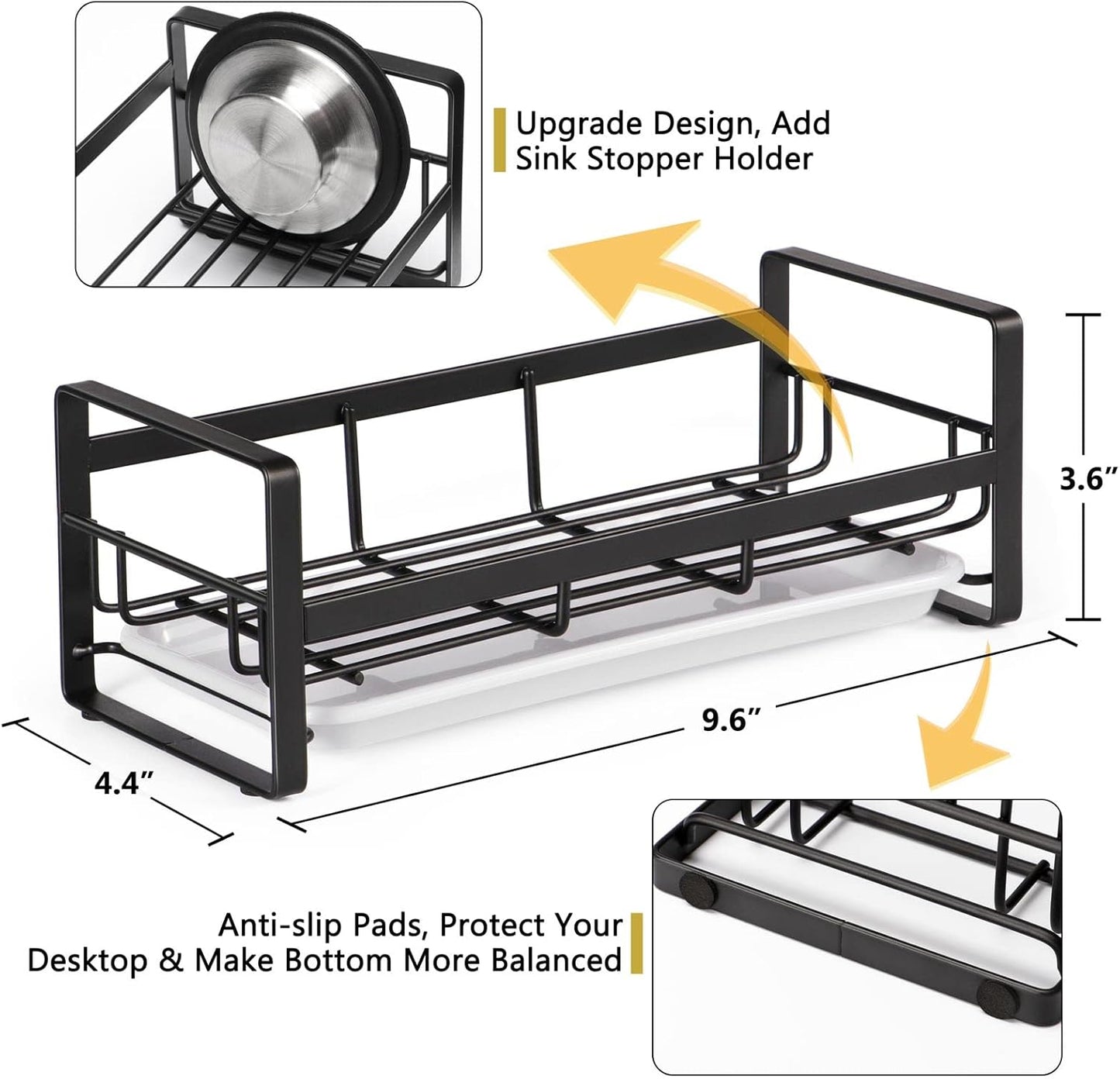 FANGSUN Large Sponge Holder for Kitchen Sink, 304 Stainless Steel Sink Caddy Organizer with Removable Drip Tray, Countertop Dish Soap Holder, Not Include Soap Dispenser, Black