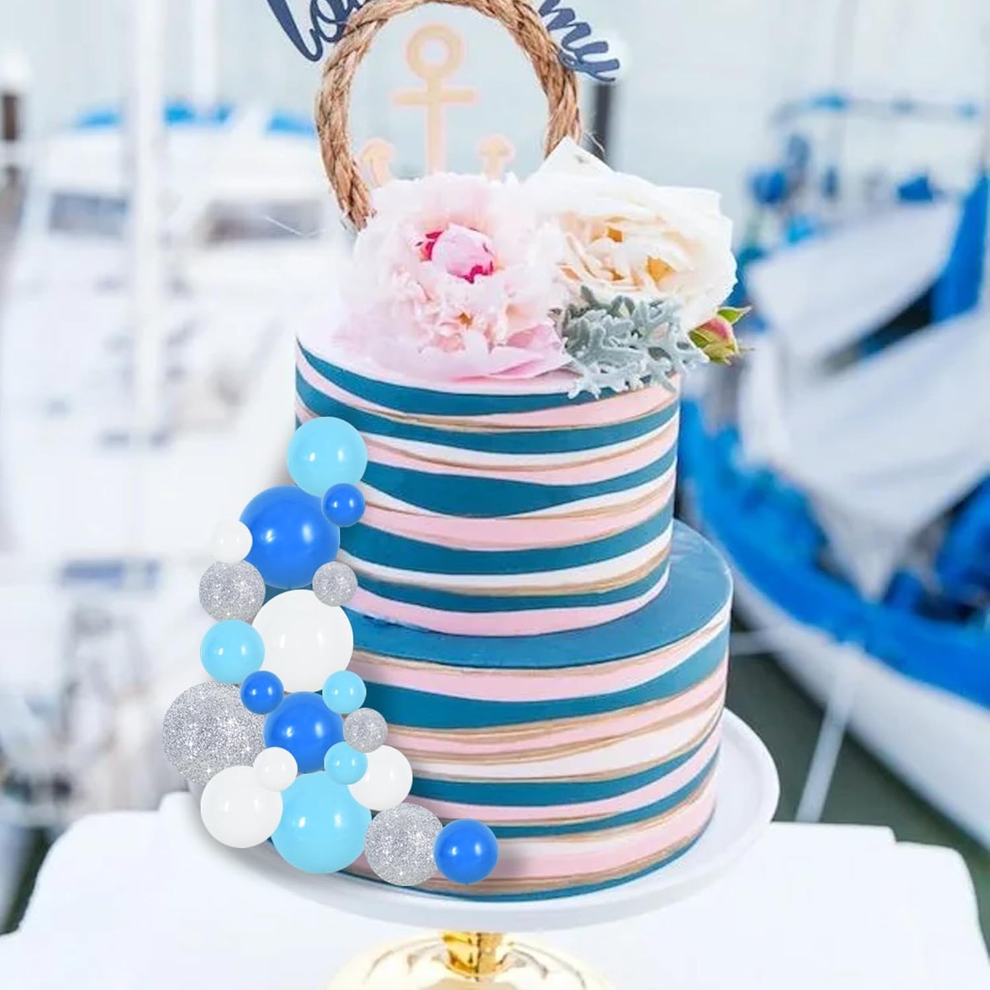 BEISHIDA 40 Pcs Foam Ball Cake Toppers with Sticks Mini Cake Decorations for Birthdays, Boys Party, Baby Showers, DIY Baking Supplies, Winter Party (Blue，White，Silver)