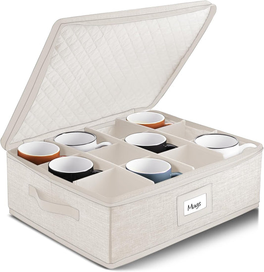 Hearth & Harbor Coffee Mug Storage, Quilted and Stackable Coffee Cup Storage Organizer for Service of 12, Mug Storage Box with Dividers, China Containers Hard Shell for Moving and Organization, Cream