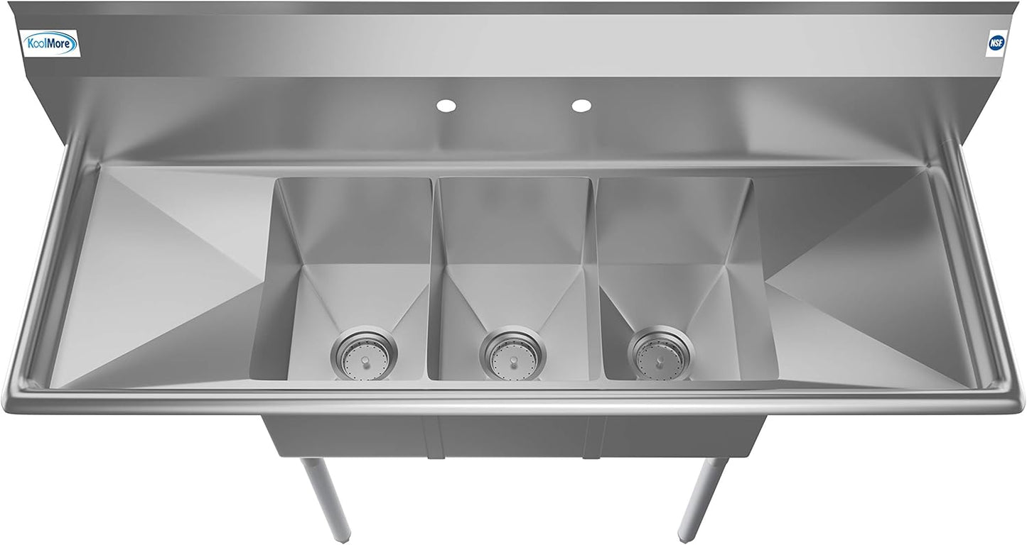 KoolMore - SC101410-12B3 3 Compartment Stainless Steel NSF Commercial Kitchen Sink with Right and Left Drainboards - Bowl Size 10" x 14" x 10", Silver