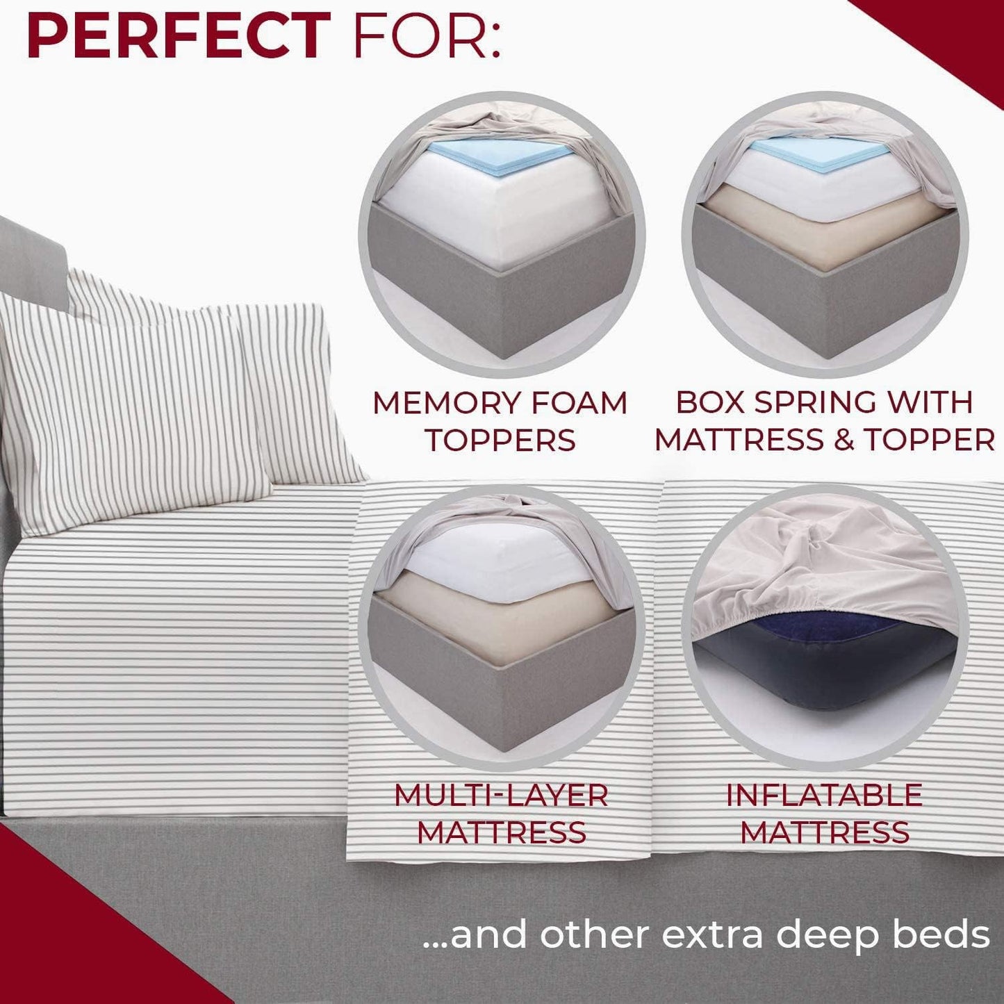 Mellanni Extra Deep California King Sheets - 4 PC Iconic Collection Bedding - Luxury, Ultra Soft, Cooling Bed Sheets - Wrinkle, Fade, Stain Resistant (Cal King, Pinstripe Gray)