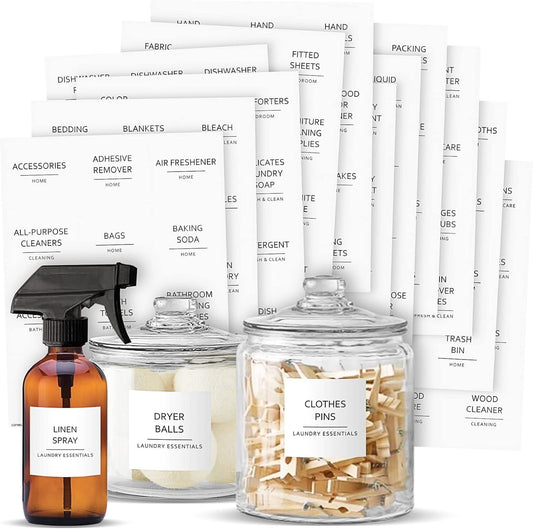 Talented Kitchen 144 Minimalist Laundry Room Labels - Preprinted Laundry Room Organization Stickers for Glass Jars, Containers, Spray Bottles (Black Print on White Matte Backing)