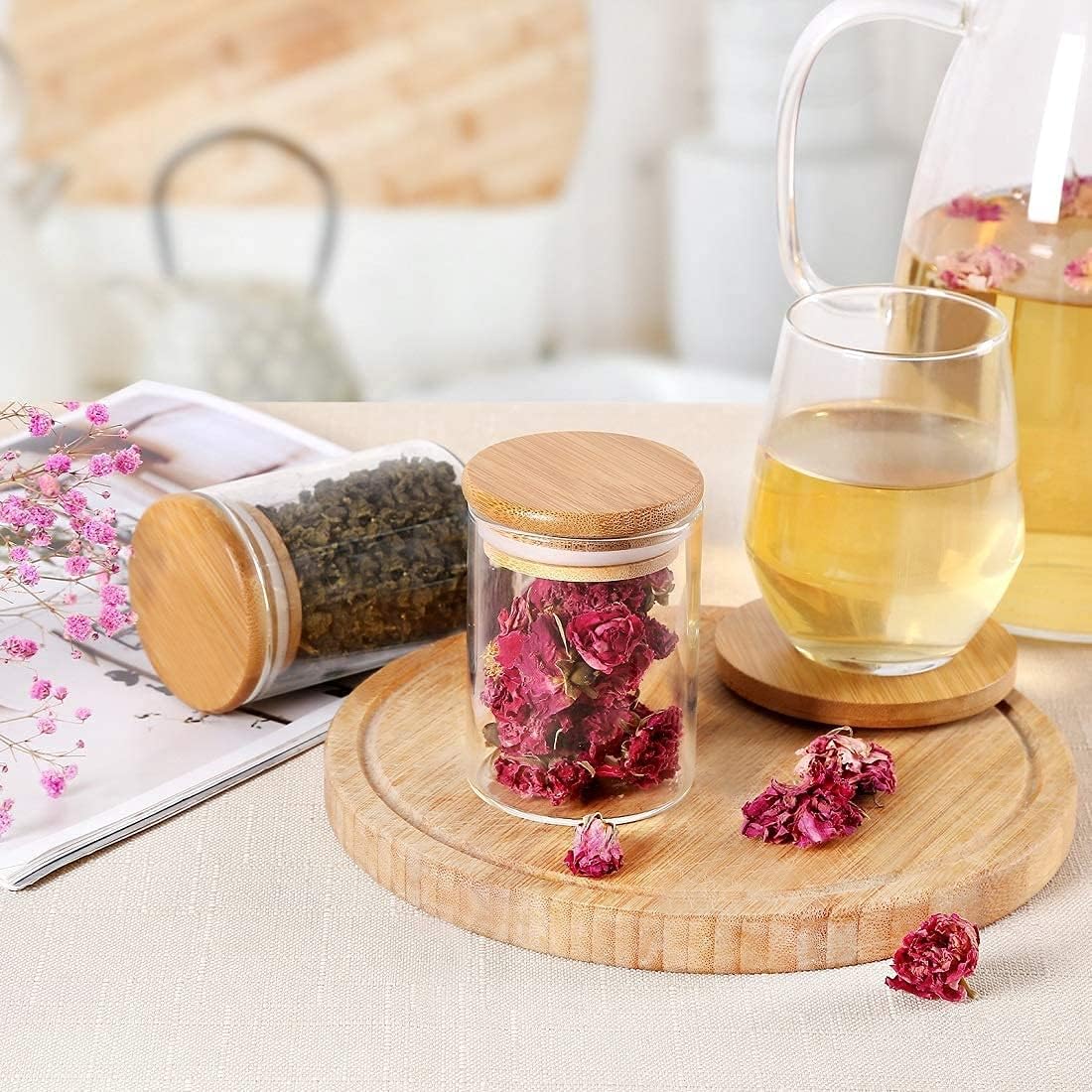 Glass Jars with Bamboo Wooden Airtight Lids 6oz 10oz Spice Jars Food Storage Containers for Home Kitchen, Tea, Salt, Pepper, Spices, Coffee, Herbs, Grains (6 OZ, 6 PCS)