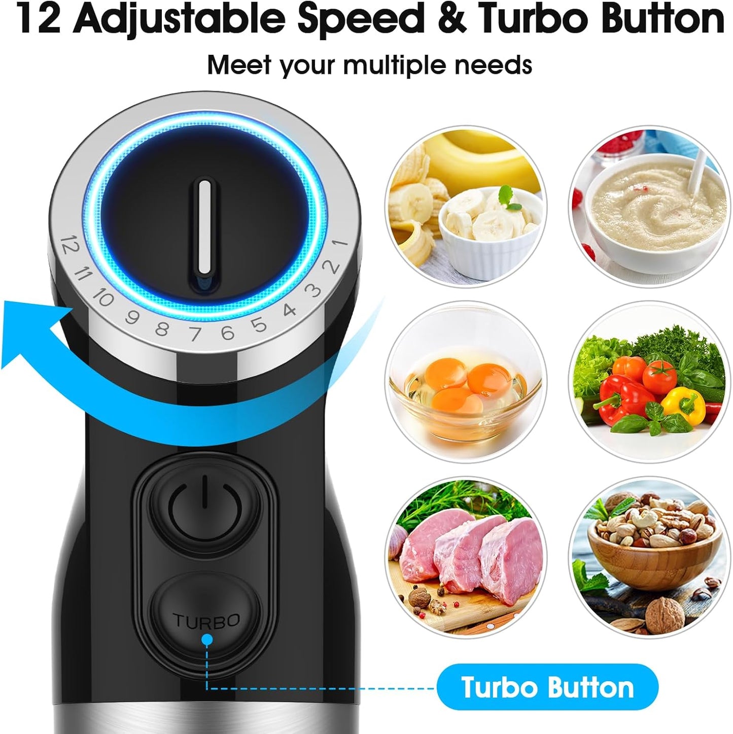 KOIOS Upgraded Immersion Blender Handheld, 1000W 12-Speed 5 in 1 Hand Mixer Stick Blender with 304 Stainless Steel Blade,Food Processor,Beaker,Egg Whisk&Milk Frother,Non-BPA,Smoothies Purée Baby Food