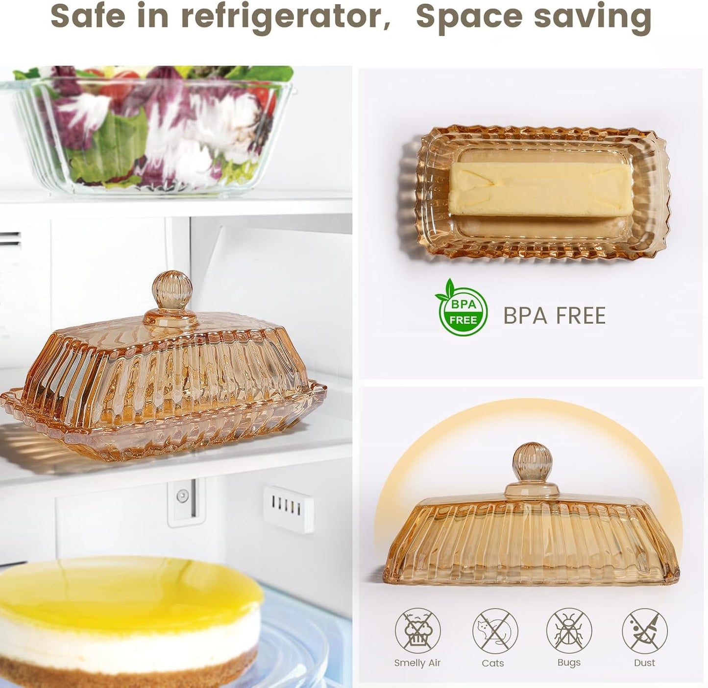 Glass Butter Dish with Cover for Countertop Amber Vintage Crystal Butter Dish with lid for Counter,Covered Glass Butter Holder Keeper Butter Tray for Refrigerator,Butter Container with 4oz Butter