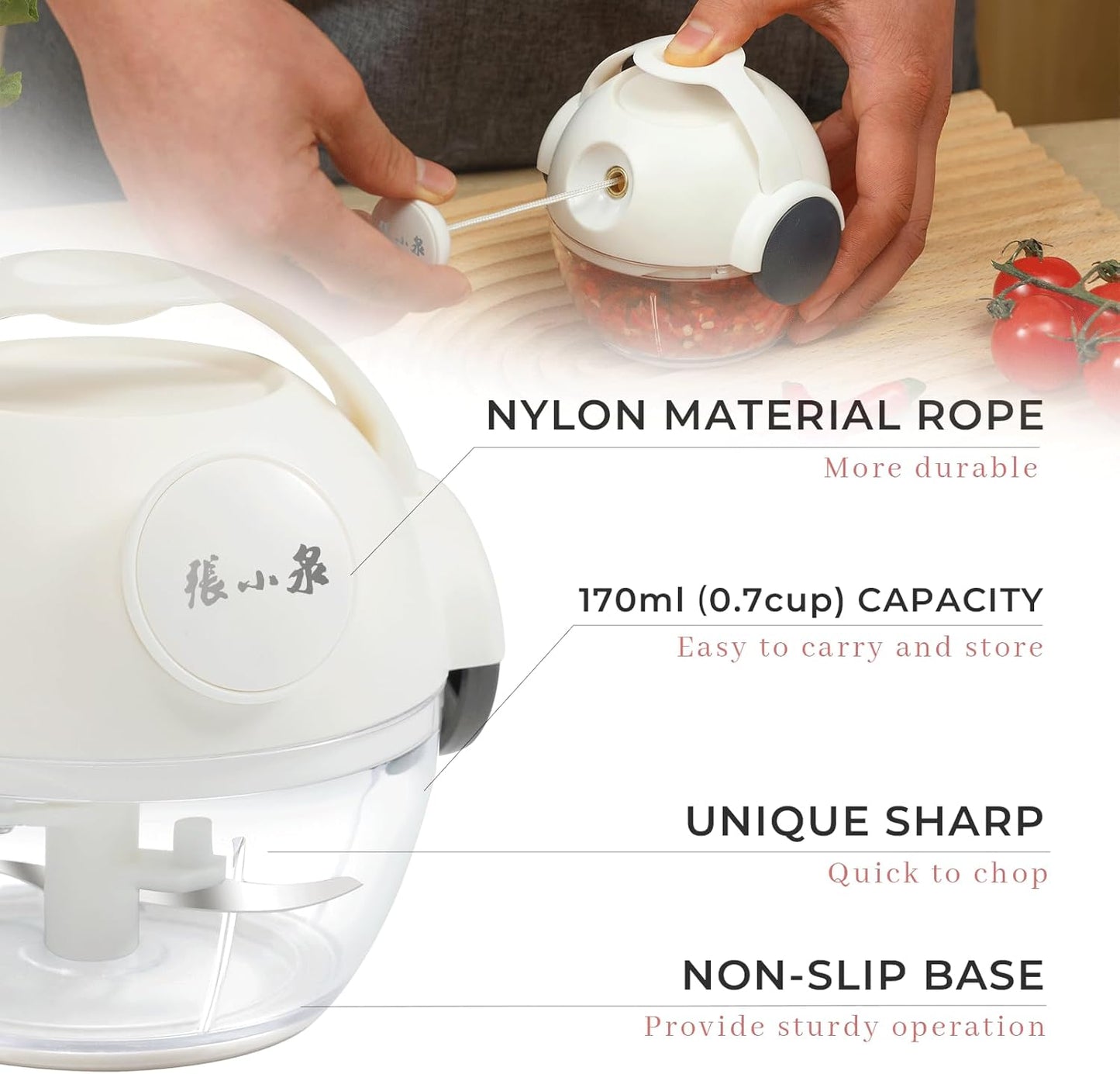 ZHANG XIAO QUAN SINCE 1628 Mini Manual Food Chopper Hand Pull String Vegetable Cutter Onions Garlic Chopper Portable Mincer for Garlic Ginger Herbs Nuts Durable Kitchen Food Processor 0.7 Cup(170ml)