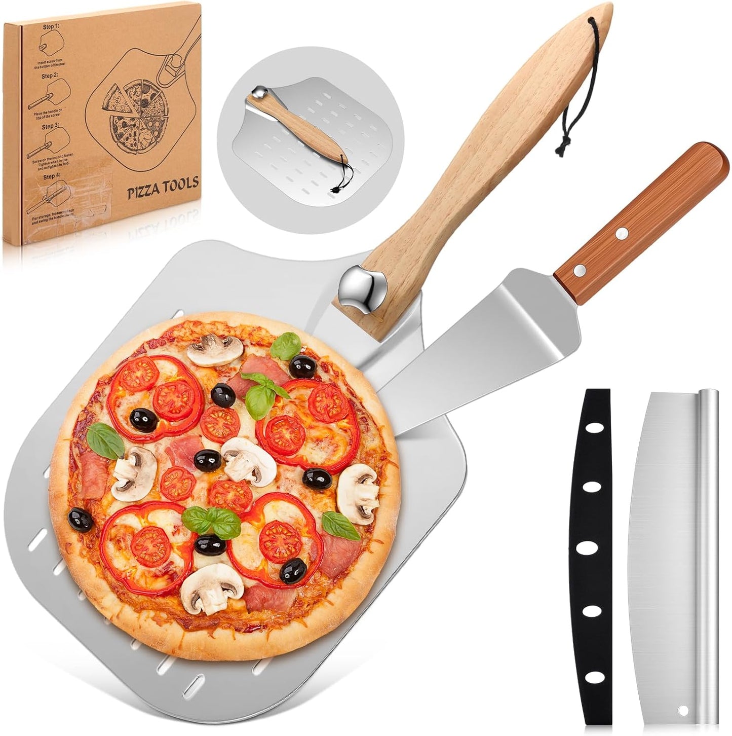Perforated Pizza Peel 12 x 14 Inch Paddle Spatula with Foldable Handle Pizza Cutter Rocker 14'' Blade and Metal Spatula for Family Oven Accessories and Chopper Knife Tools