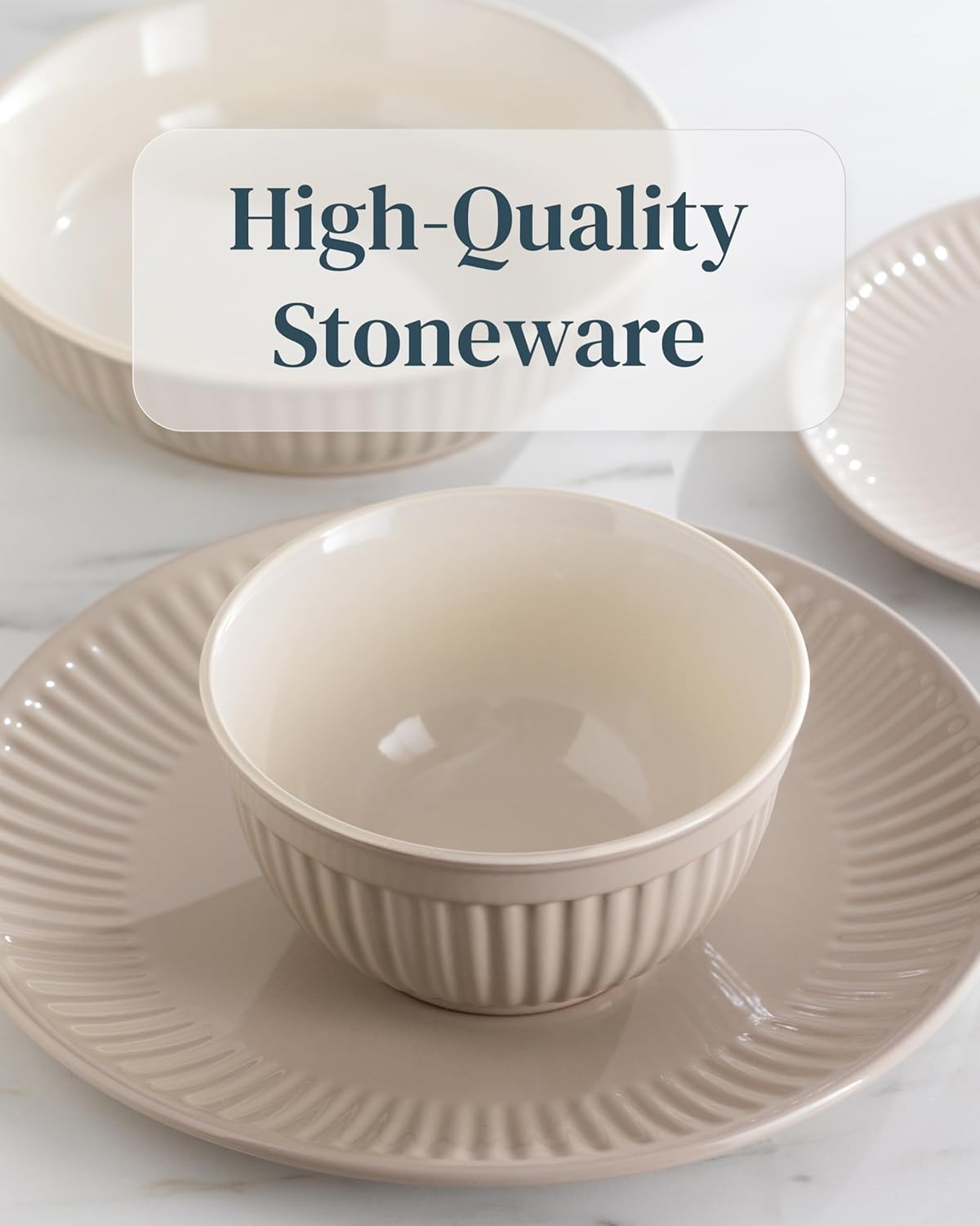 Stoneware Dinnerware Set for 8 People HYGGE 32-Piece - Elegant Scandi Design - Premium Dish Set - Bowl and Plate Set - Tableware for 8 People in a Ribbed Design - Pure Living in Light Brown