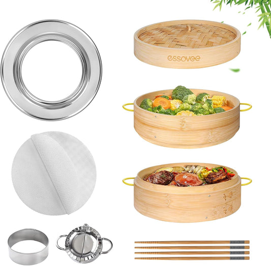 Bamboo Steamer 2 Tier 10-Inch Steaming Basket with Handle, Bun Vegetable Steam, Dumpling Steamer Bamboo Steam Basket, Chopsticks, Reusable Silicone Liner, Ring Adapter, for Chinese Asian Cuisine