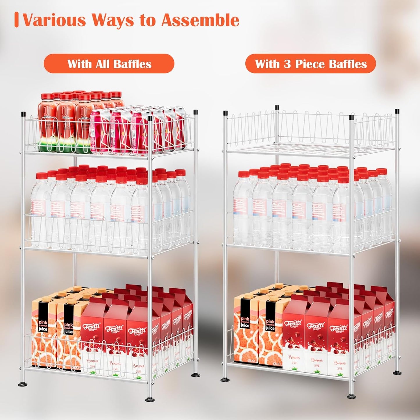 Water Bottle Storage Organizer 3 Tier Freestanding Water Bottle Holder Rack Stand Metal Drink Soda Can Organizer Beverage Shelf for Floor Pantry Kitchen Food Storage, Silver