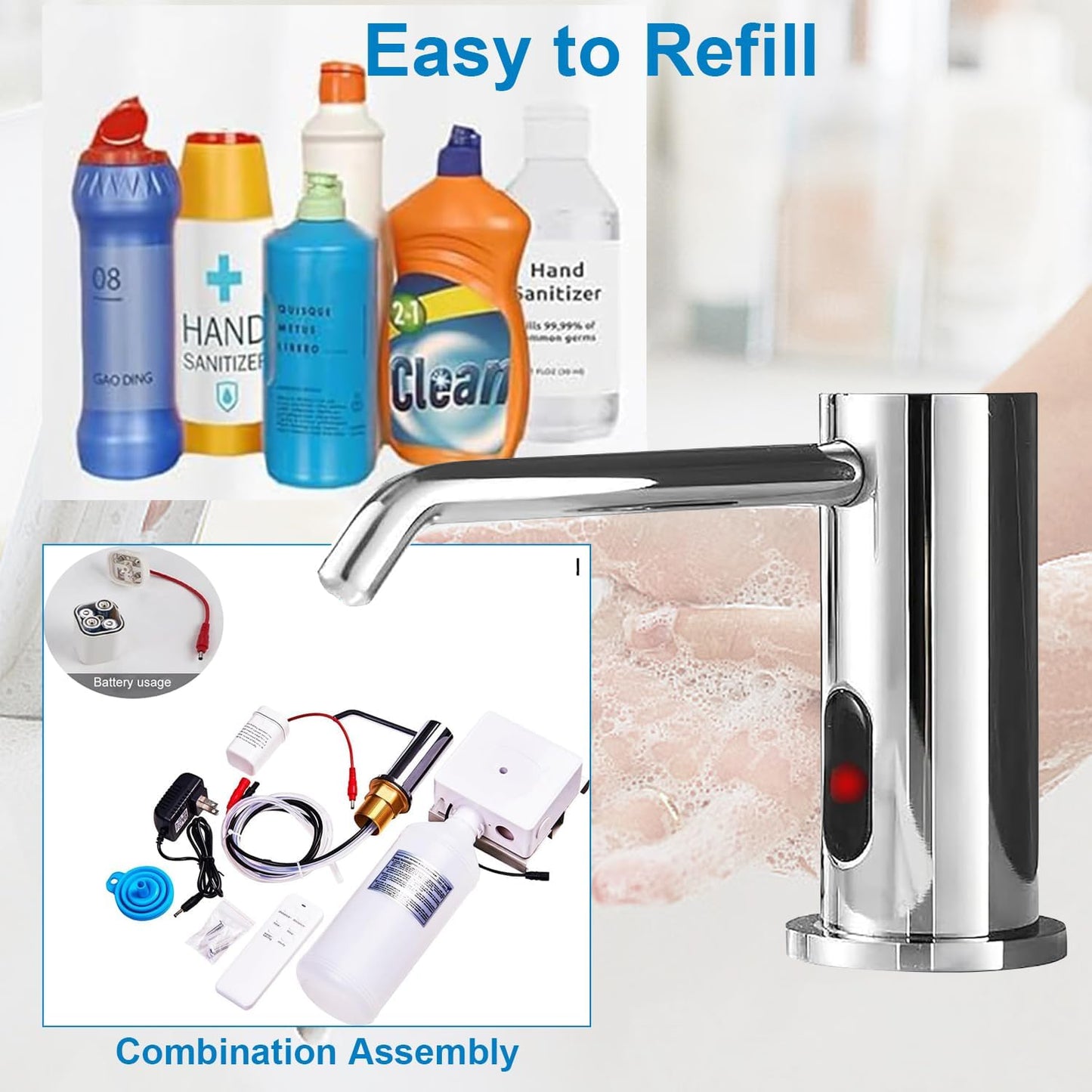 Touchless Automatic Soap Dispenser for Kitchen Bathroom Sink Built in Liquid Commercial Electric Soap Dispenser with Bottle and Pump Chrome Platingd