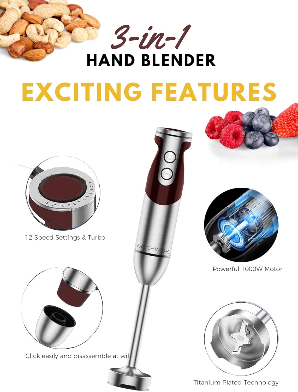 Megawise 3-in-1 Hand Blender – 12-Speed, Includes Powerful Blender Stick, Whisk, and Milk Frother – Easy to Clean and Perfect for Smoothies, and More (Red)