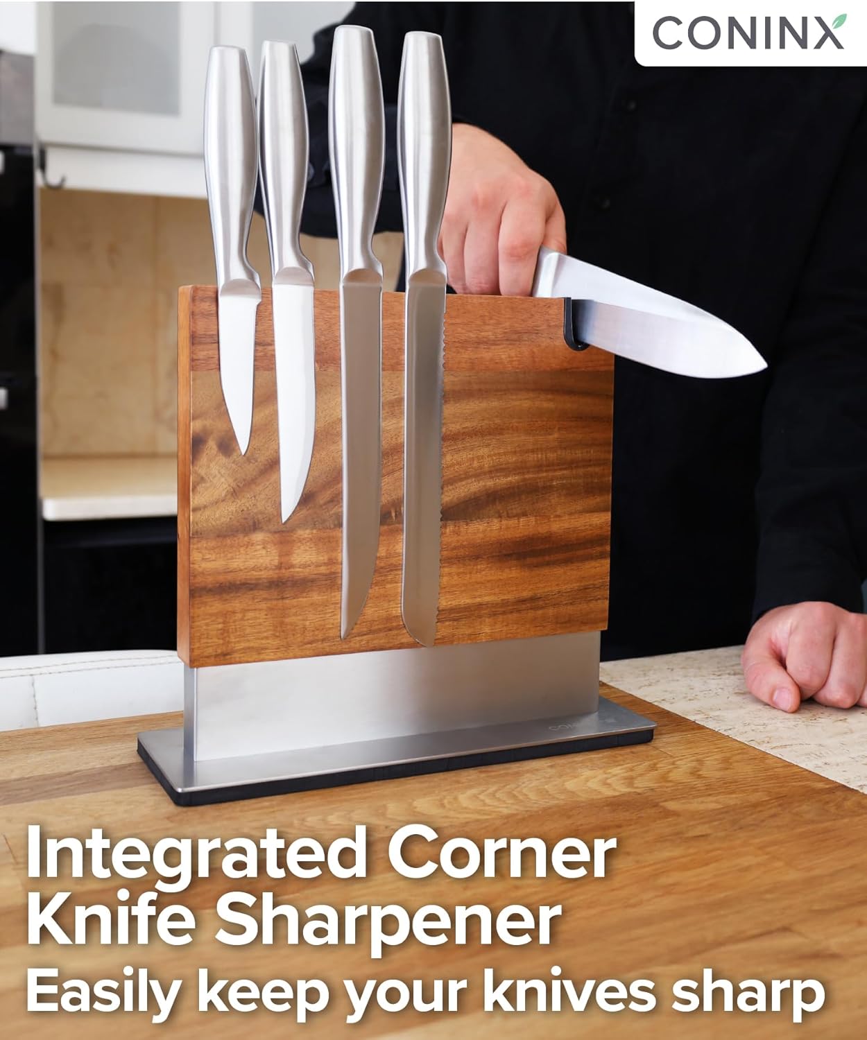 Coninx Magnetic Knife Block with Integrated Sharpener - Double Sided Walnut Wood Knife Holder - Universal Knife Stand with Non-Slip Base for Kitchen Countertop