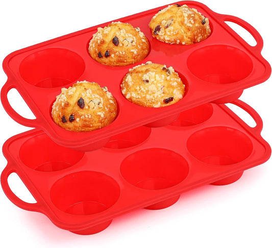 2 Pcs Jumbo Muffin Pan with Metal Frame, Nonstick 6 Cup Extra Large Cupcake Pan for Baking, Silicone Deep Muffin Tray for Egg Bites (Red)