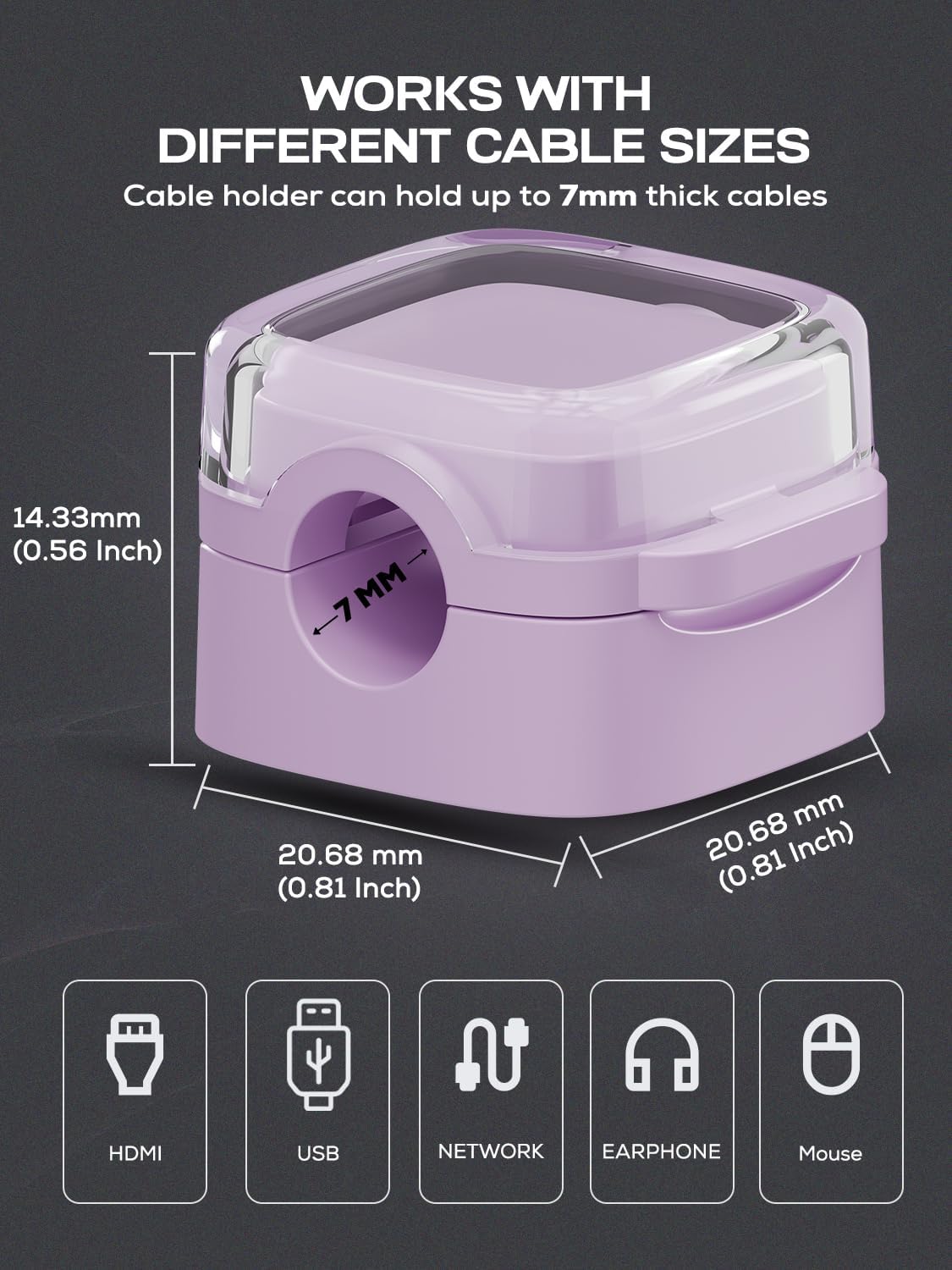 6-Pack Magnetic Cord Holder, Cord Holder with Strong Magnetic Lid, Holds Cables Firmly, 7 mm Charger Holder & HDMI Cord Organizer Clips, Strong Adhesive Pad (Purple)