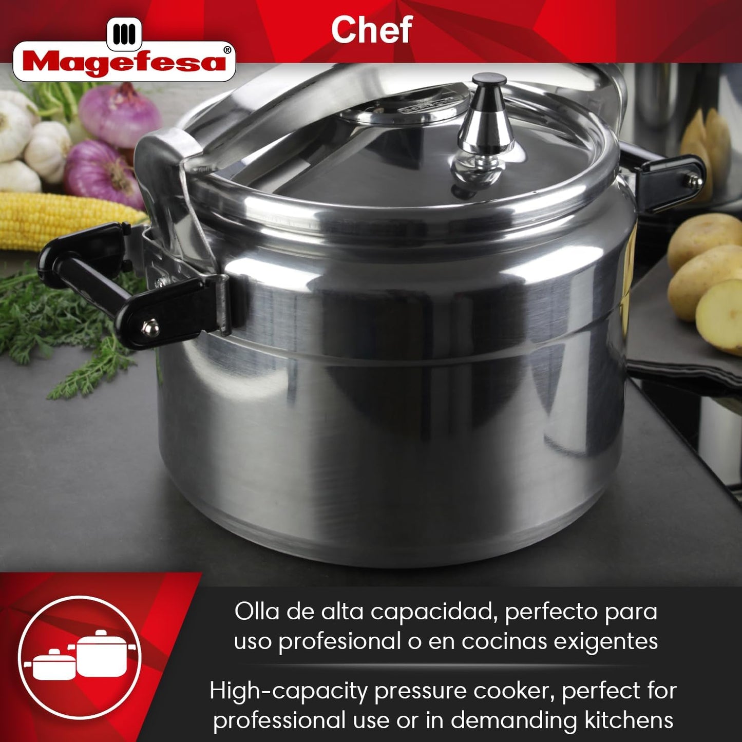 MAGEFESA Chef 16-Quart Aluminum Pressure Cooker – Stainless Steel Lid, Thermodiffusion Base, 3 Safety Systems, Fast & Even Cooking