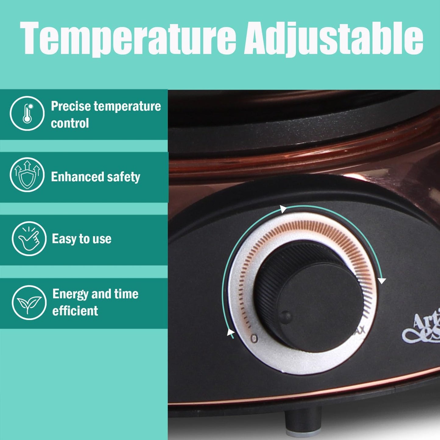 Artestia Electric Fondue Pot 2-QT 1500W, Dual-Use Swiss Fondue Set for Cheese & Chocolate Melting, Adjustable Temperature Control, White Ceramic Pot with Rose-Gold Base & 6 Forks