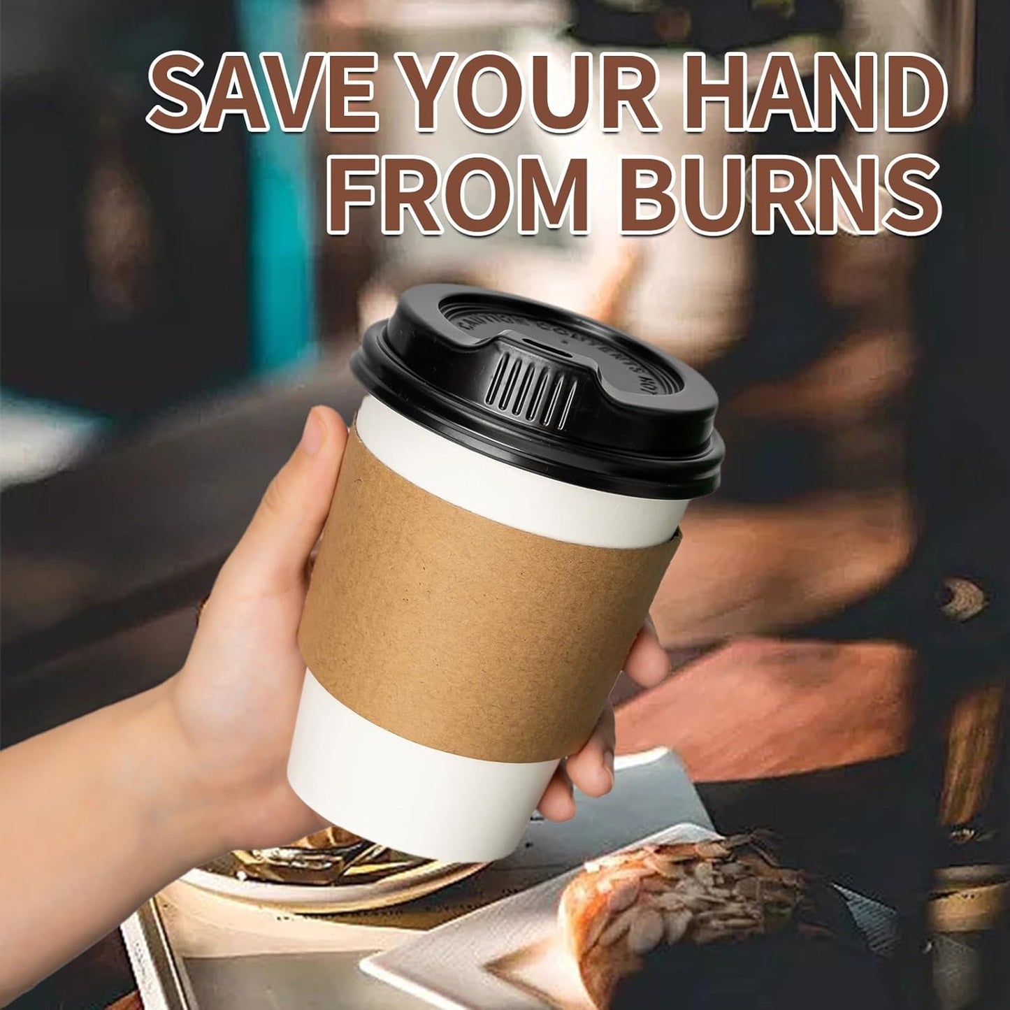 YEEHAW 12 oz 100 Pack Disposable Paper Coffee Cups with Lids & Sleeves, To Go Hot Cups for Coffee, Hot Liquid, Chocolate, Juice, Hot Beverage Drinking Cup, Ideal for Cafes, Bistros