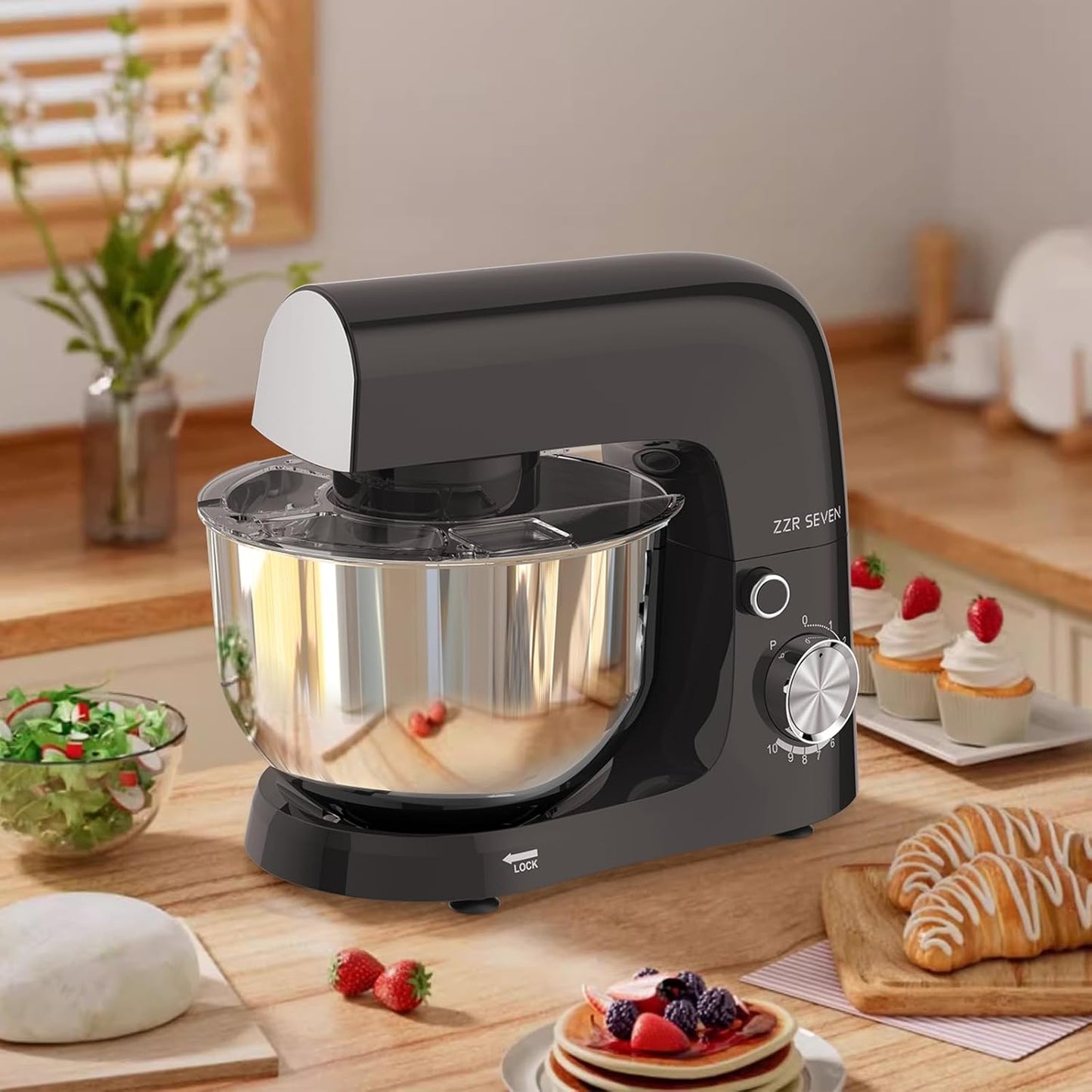 Stand Mixer, 5.5 Quart, 10 Speed Tilt-Head Food Mixer, Kitchen Electric Mixer with SS Bowl, Copper Motor, Beater, Dough Hook, SS Egg Whisk (300W Black)