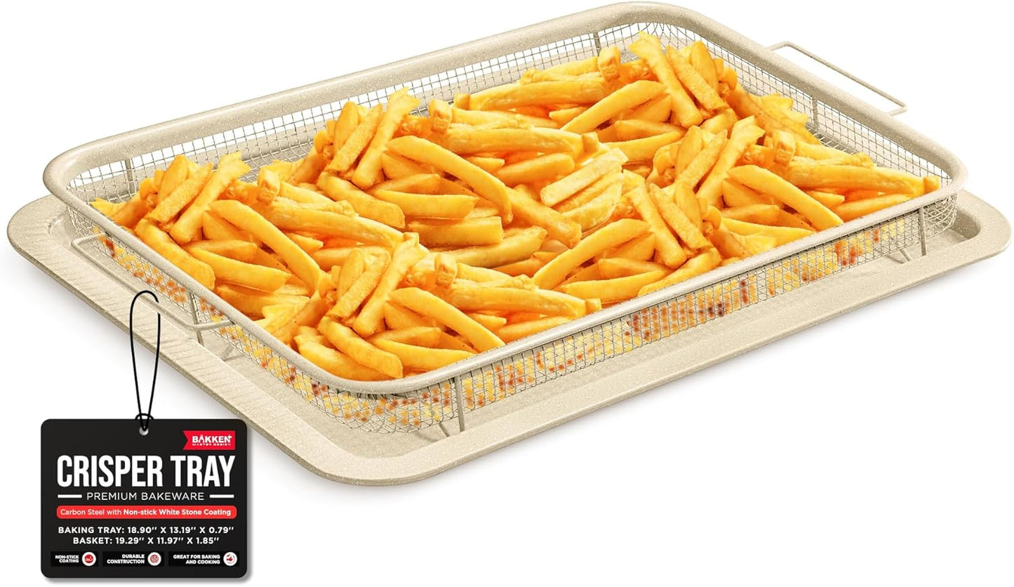 Bakken-Swiss Crisper Tray White marble Coating - 2-Piece Set, Non-Stick Basket Design for Healthier Cooking in Regular Ovens - Make Great Crispy Food, Bacon and More, Extra Large Size 19" x 13"