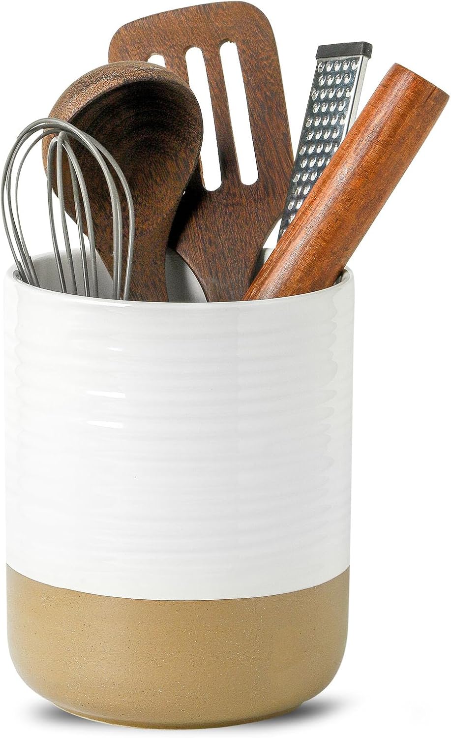 Hasense Utensil Holder, 7.4" x 6.2" Ceramic Utensil Holder for Kitchen Counter, Large Utensil Oganizer for Utensil Set, Farmhouse White Cooking Utensil Crock for Kitchen Decor