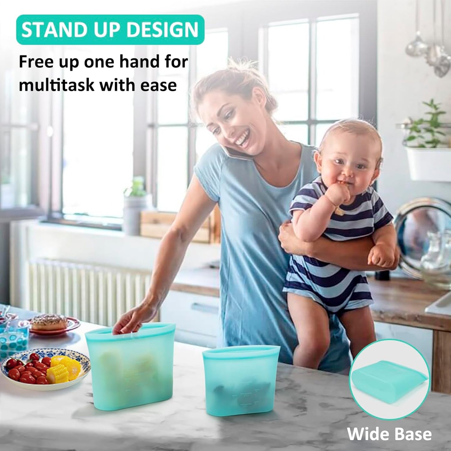 Reusable Sandwich & Snack Bags, 8 Pack 100% Silicone Food Storage Bags Stand Up Zip Lock for Food Container, Freezer Microwave Oven Dishwasher Safe, 4 Small 4 Extra Small, Aqua