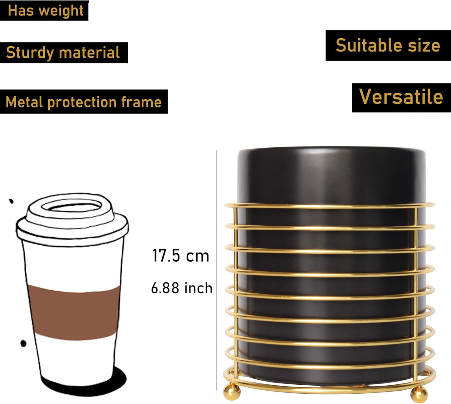 Dining Utensil Holder Cooking Utensil Holder,Gold Ring Metal Frame and Black Ceramics