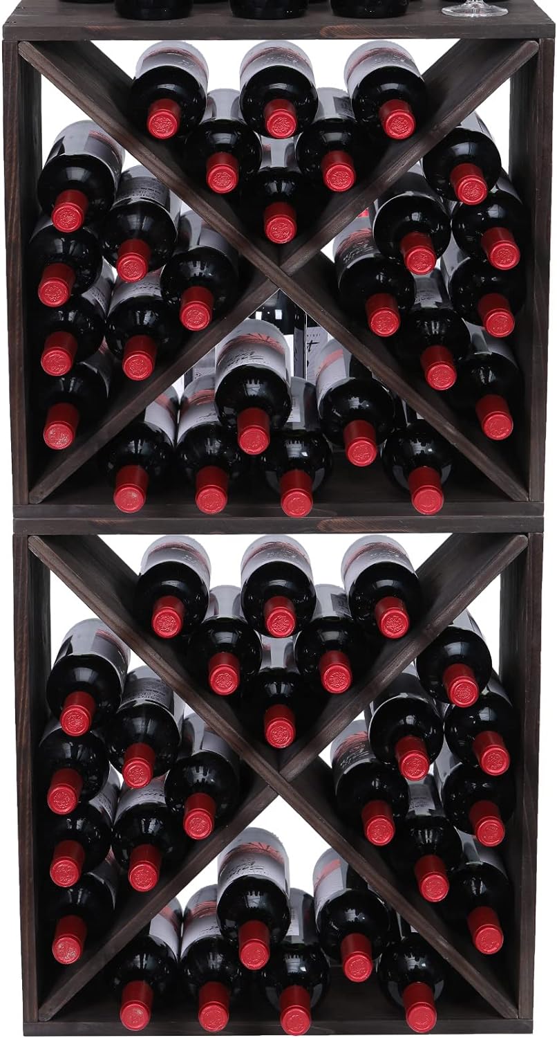 Wine Racks countertop Solid Wood Stackable Storage Rustic Retro Cube 48-Bottle Wooden Wine Rack Wine Cabinet(48BottleBlack)