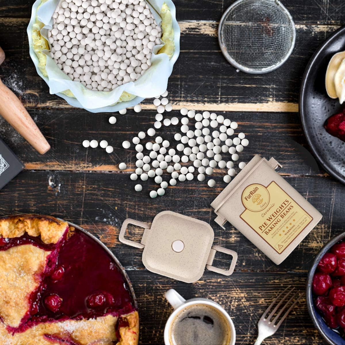 Ceramic Pie Weights Reusable 10mm Baking Beans Pie Crust Weights Natural Ceramic Stoneware with Wheat Straw Container
